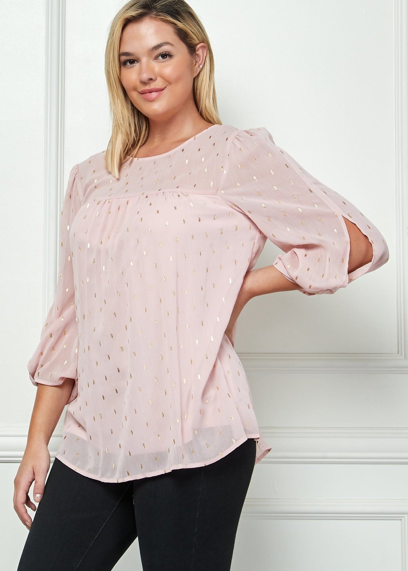 Sara Michelle Mauve & Gold 3/4 Knot Sleeve Scoop Neck Lined Blouse - Plus - DressbarnShirts & Blouses