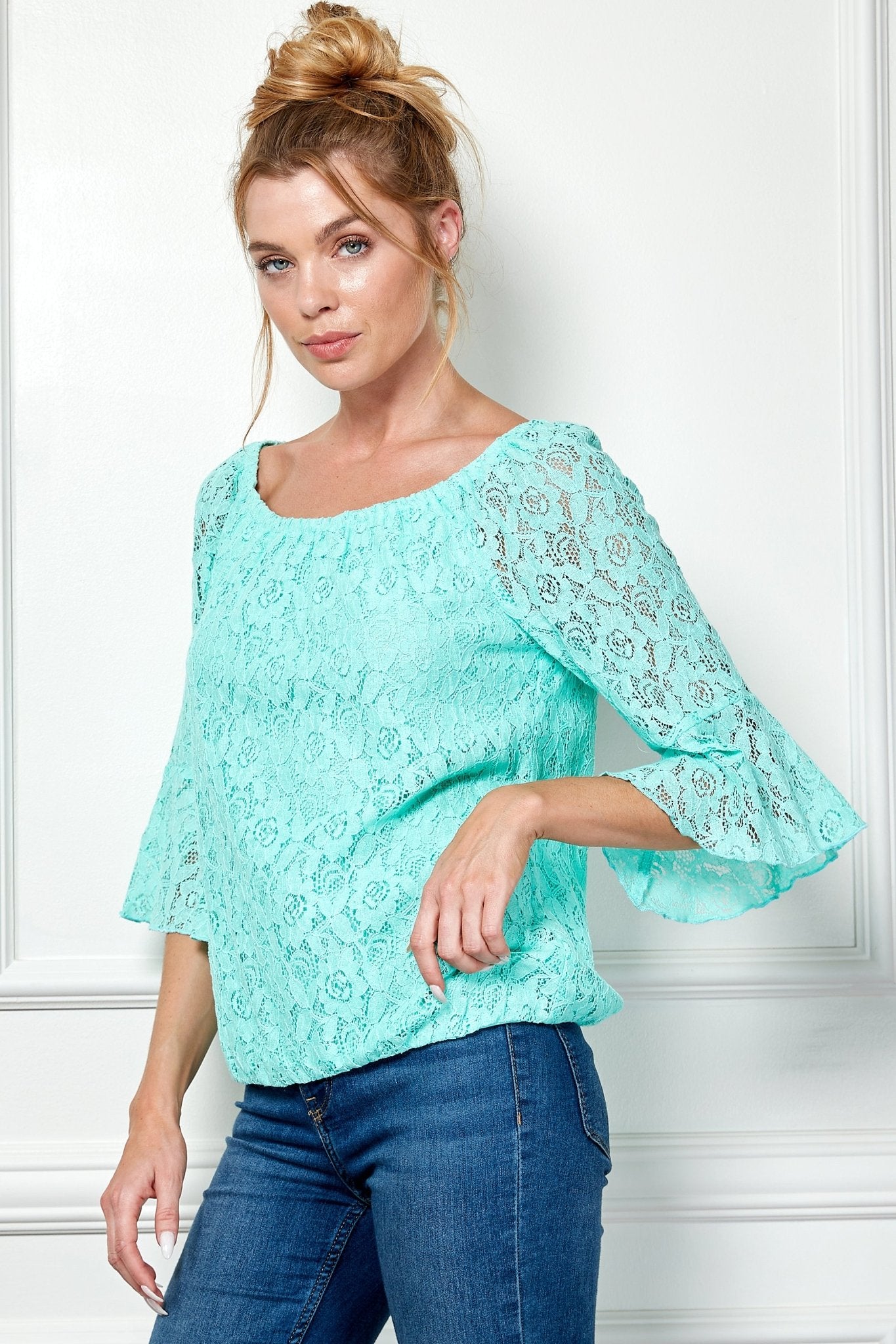 Sara Michelle Mint 3/4 Ruffle Sleeve Scoop Neck Lined Bubble Lace Blouse - DressbarnShirts & Blouses