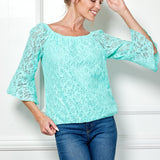 Sara Michelle Mint 3/4 Ruffle Sleeve Scoop Neck Lined Bubble Lace Blouse - DressbarnShirts & Blouses