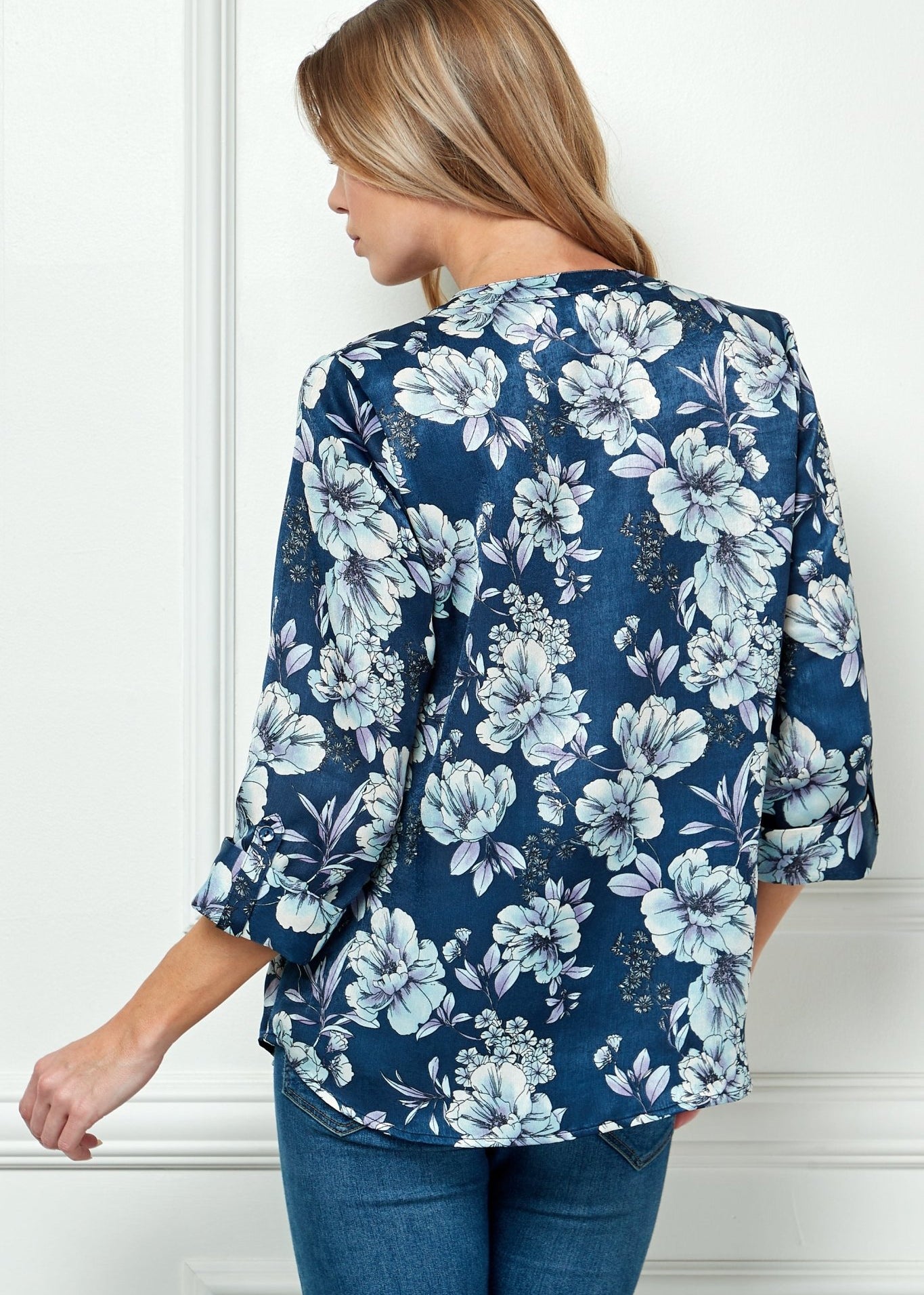 Sara Michelle Navy Floral 3/4 Button Tab Sleeve Mandarin Collar Button Front Shirt Top - DressbarnShirts & Blouses