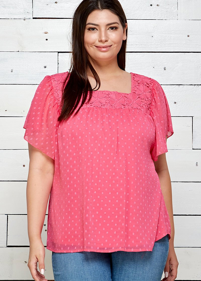 Sara Michelle Short Flutter Sleeve Embroidered Lined Top - Plus - DressbarnShirts & Blouses