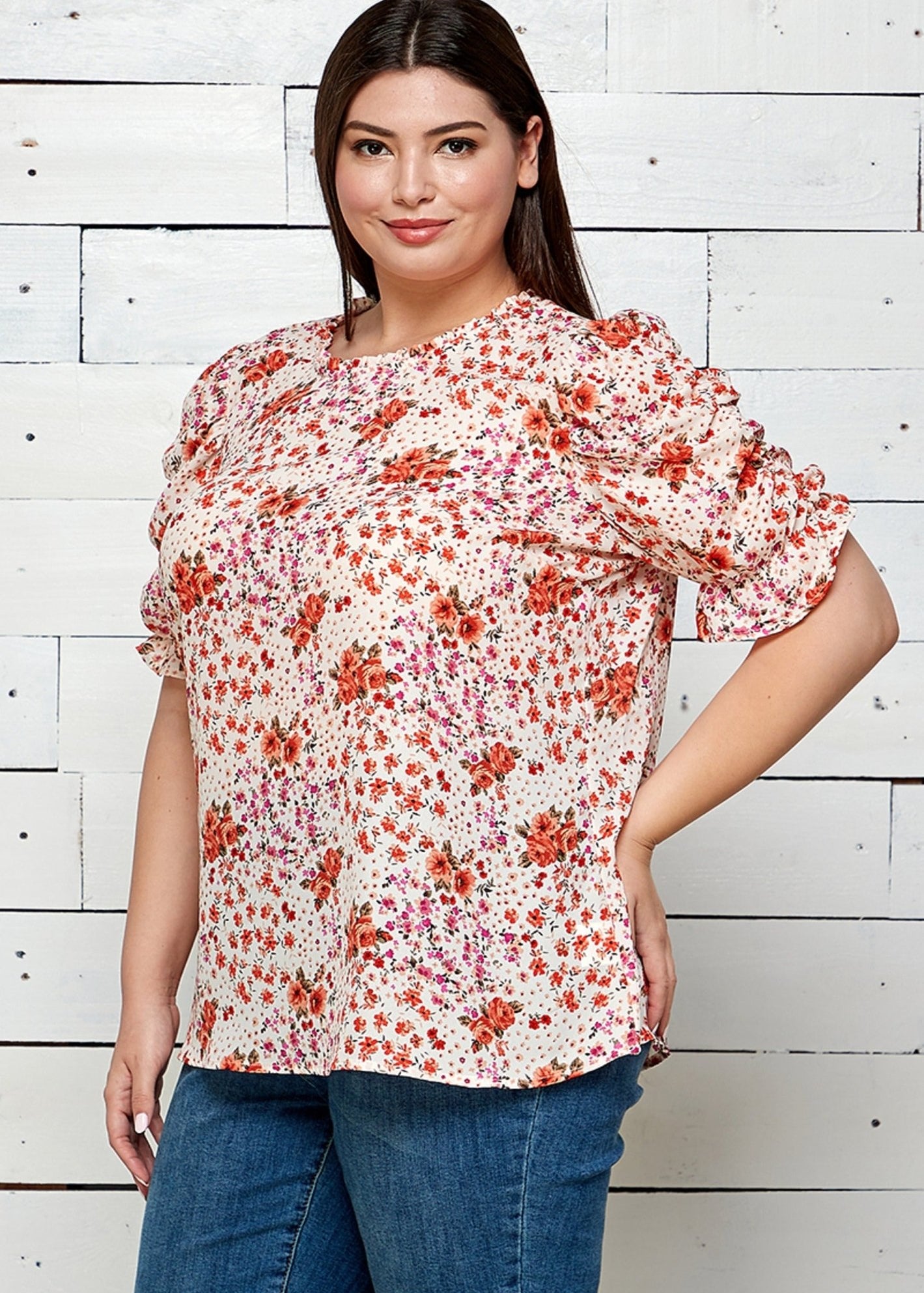 Sara Michelle Short Sleeve Georgette Print Blouse - Plus - DressbarnShirts & Blouses