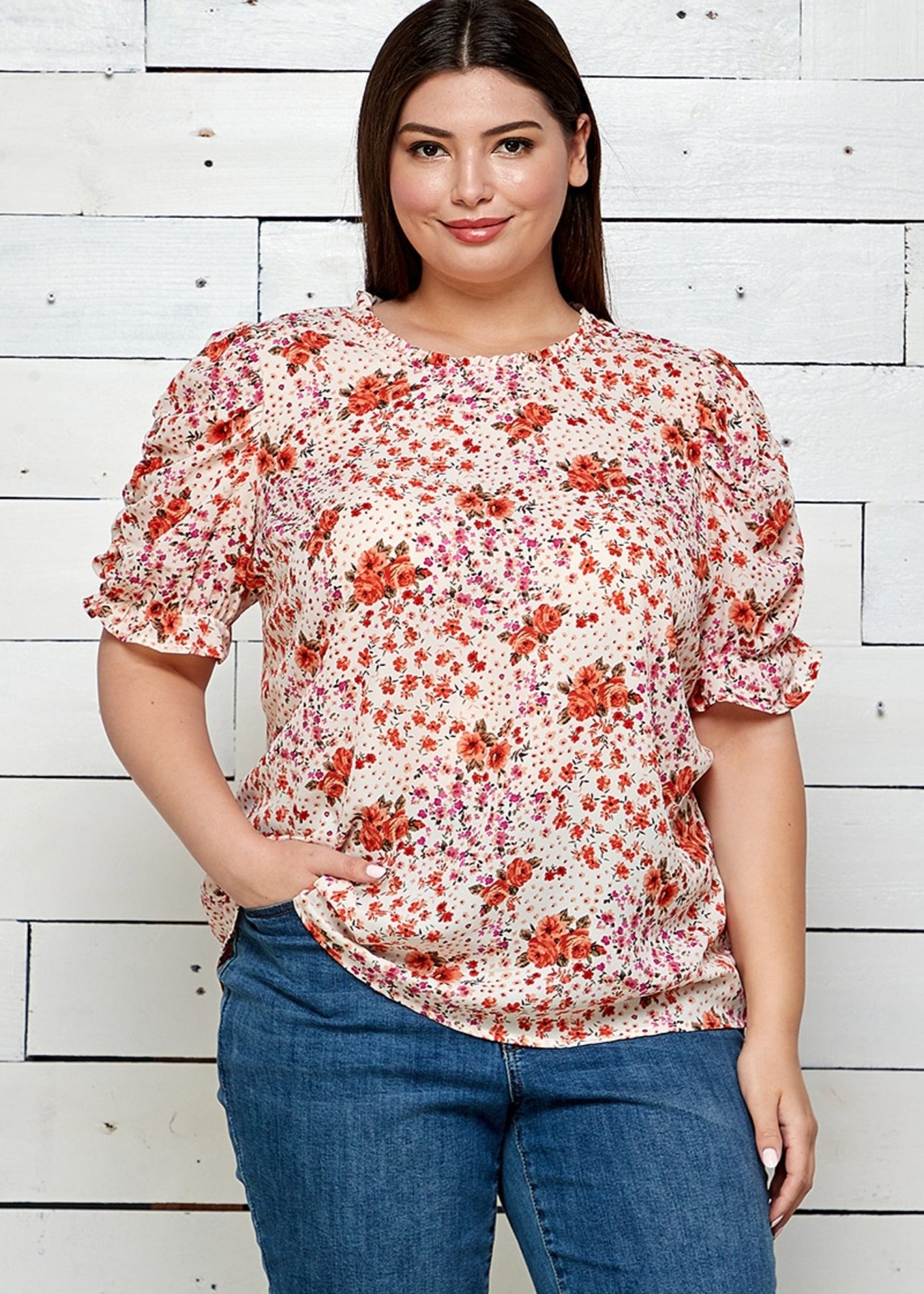 Sara Michelle Short Sleeve Georgette Print Blouse - Plus - DressbarnShirts & Blouses