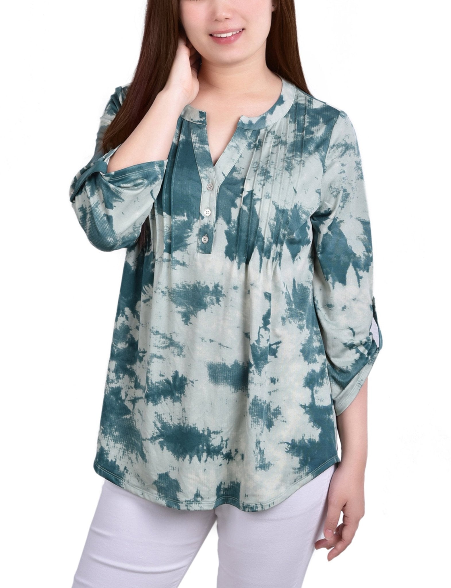 Seafoam Tiedye 3/4 Bell Sleeve Pleat Front Y Neck Top - Petite - DressbarnBlouses