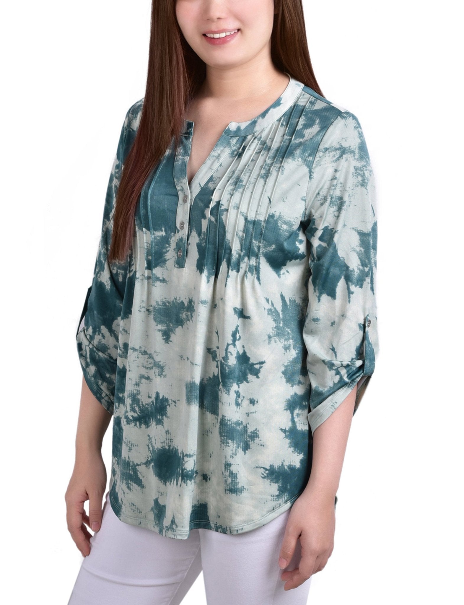 Seafoam Tiedye 3/4 Bell Sleeve Pleat Front Y Neck Top - Petite - DressbarnBlouses