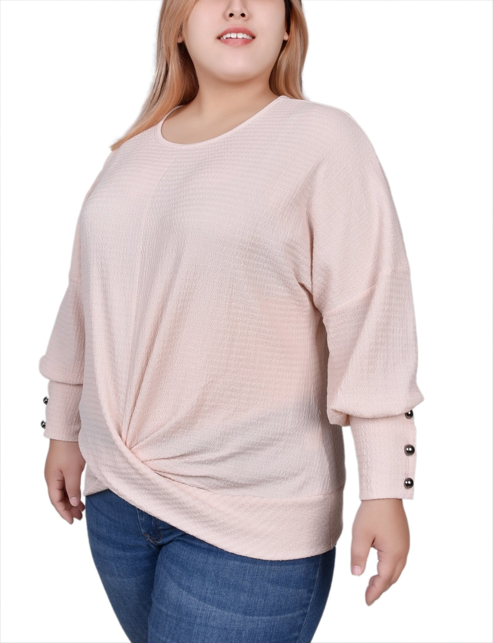 Shell Pink Long Sleeve Textured Knit Top - Plus - DressbarnBlouses