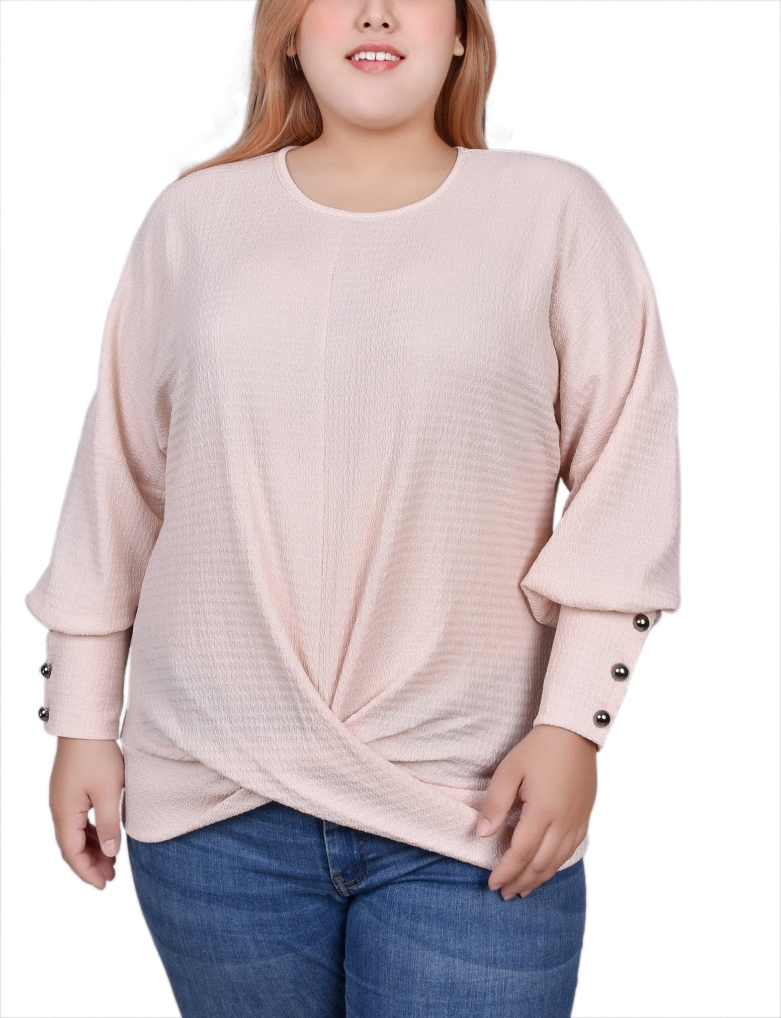 Shell Pink Long Sleeve Textured Knit Top - Plus - DressbarnBlouses