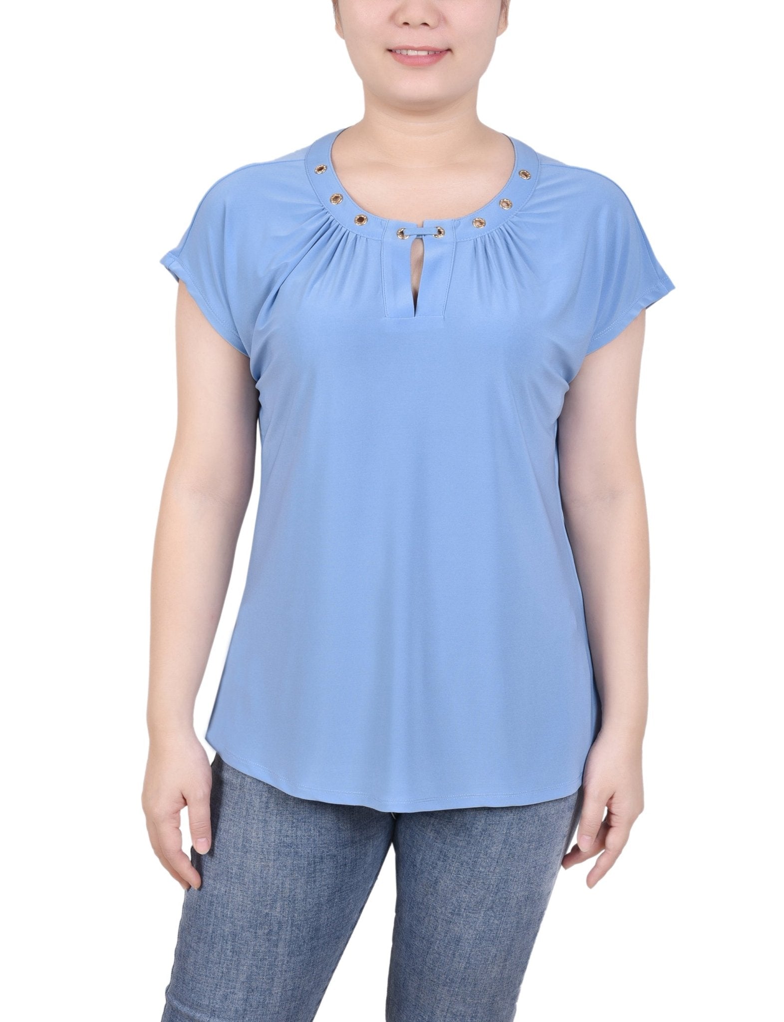 Short Extended-Sleeve Grommet Neck Knit Top - Petite - DressbarnShirts & Blouses