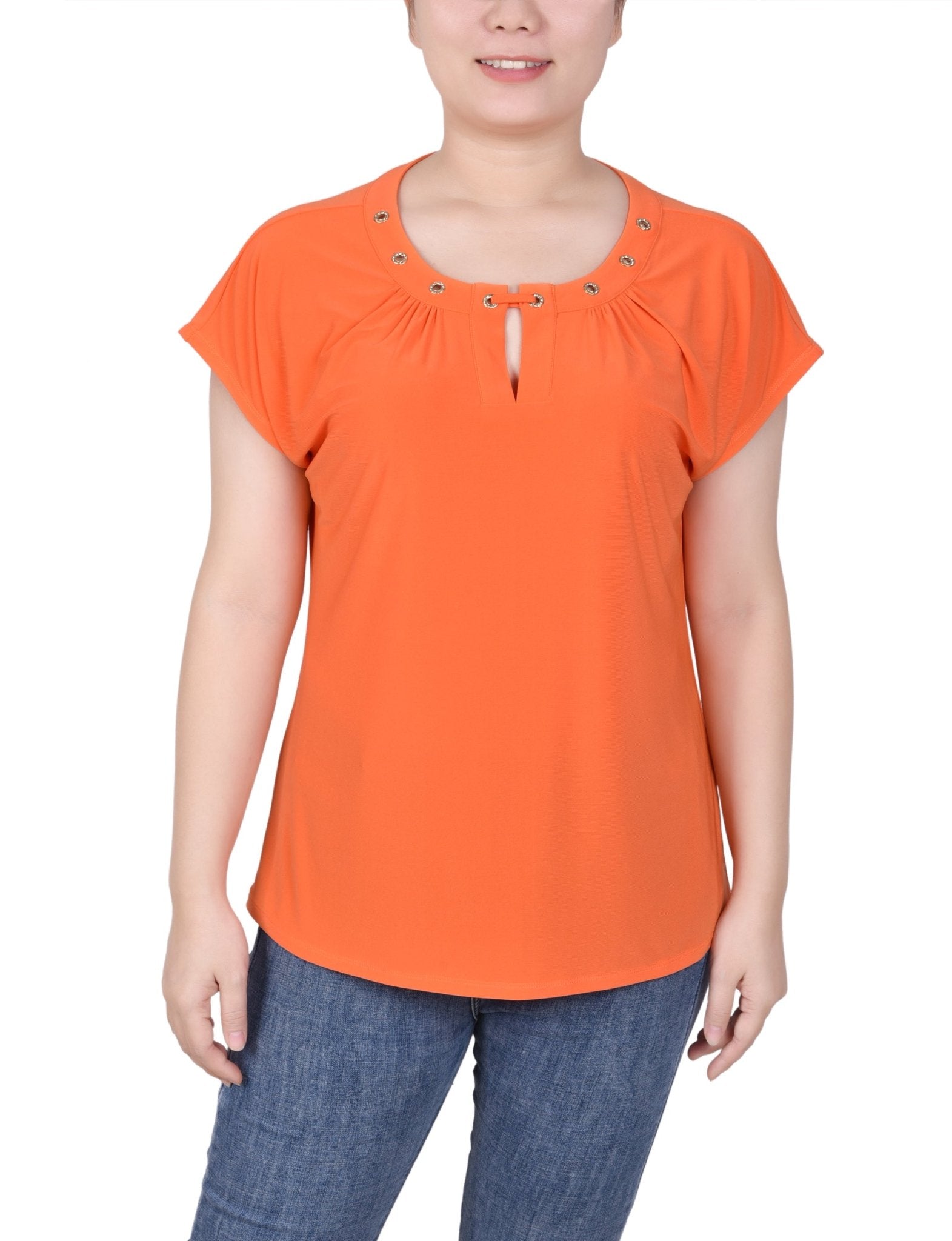 Short Extended-Sleeve Grommet Neck Knit Top - Petite - DressbarnShirts & Blouses