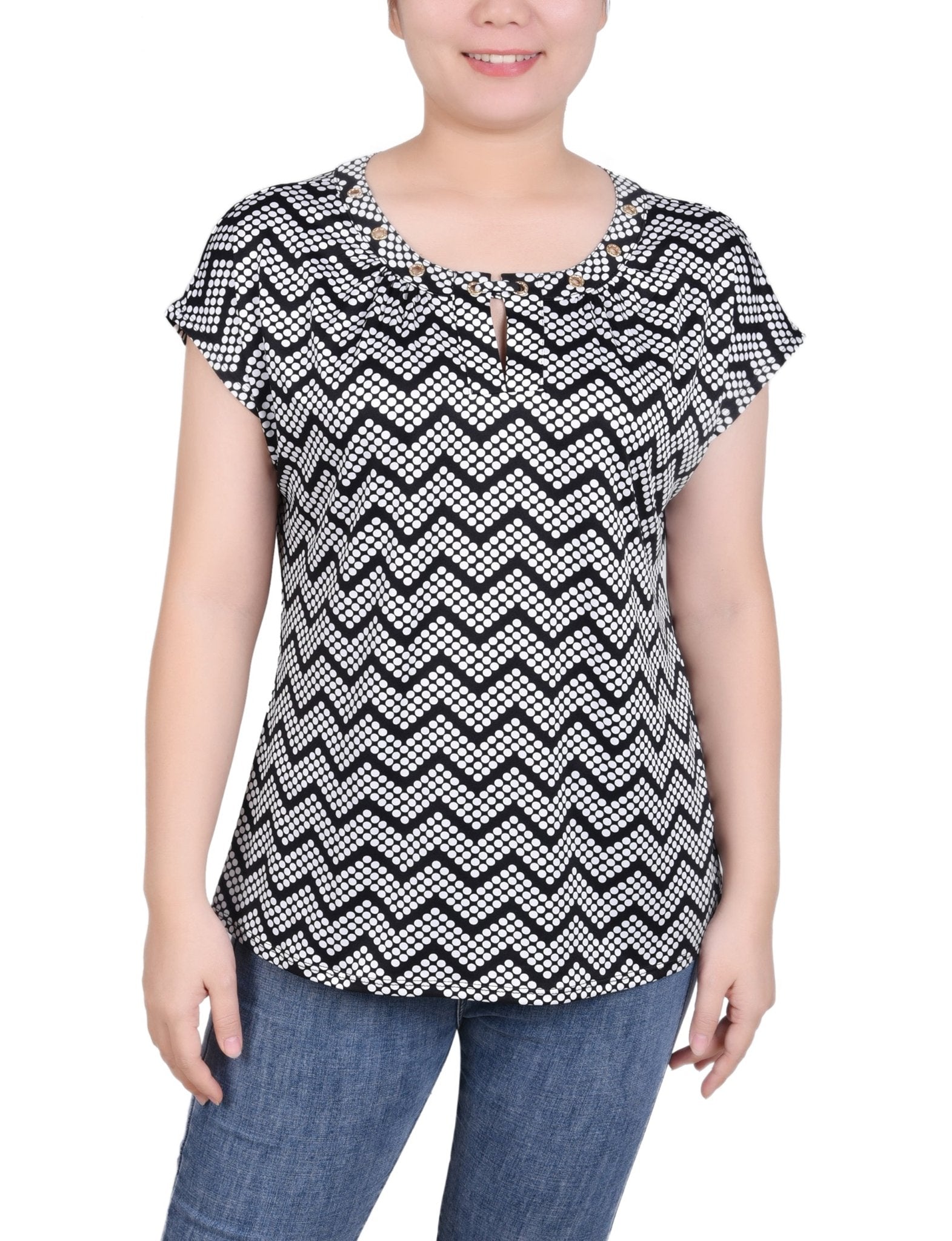 Short Extended-Sleeve Grommet Neck Knit Top - Petite - DressbarnShirts & Blouses
