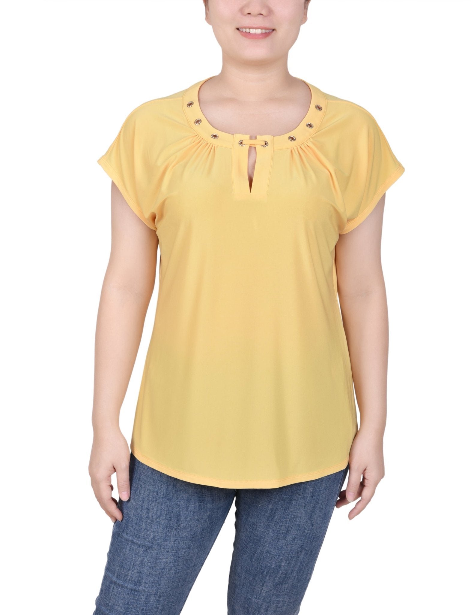 Short Extended-Sleeve Grommet Neck Knit Top - Petite - DressbarnShirts & Blouses
