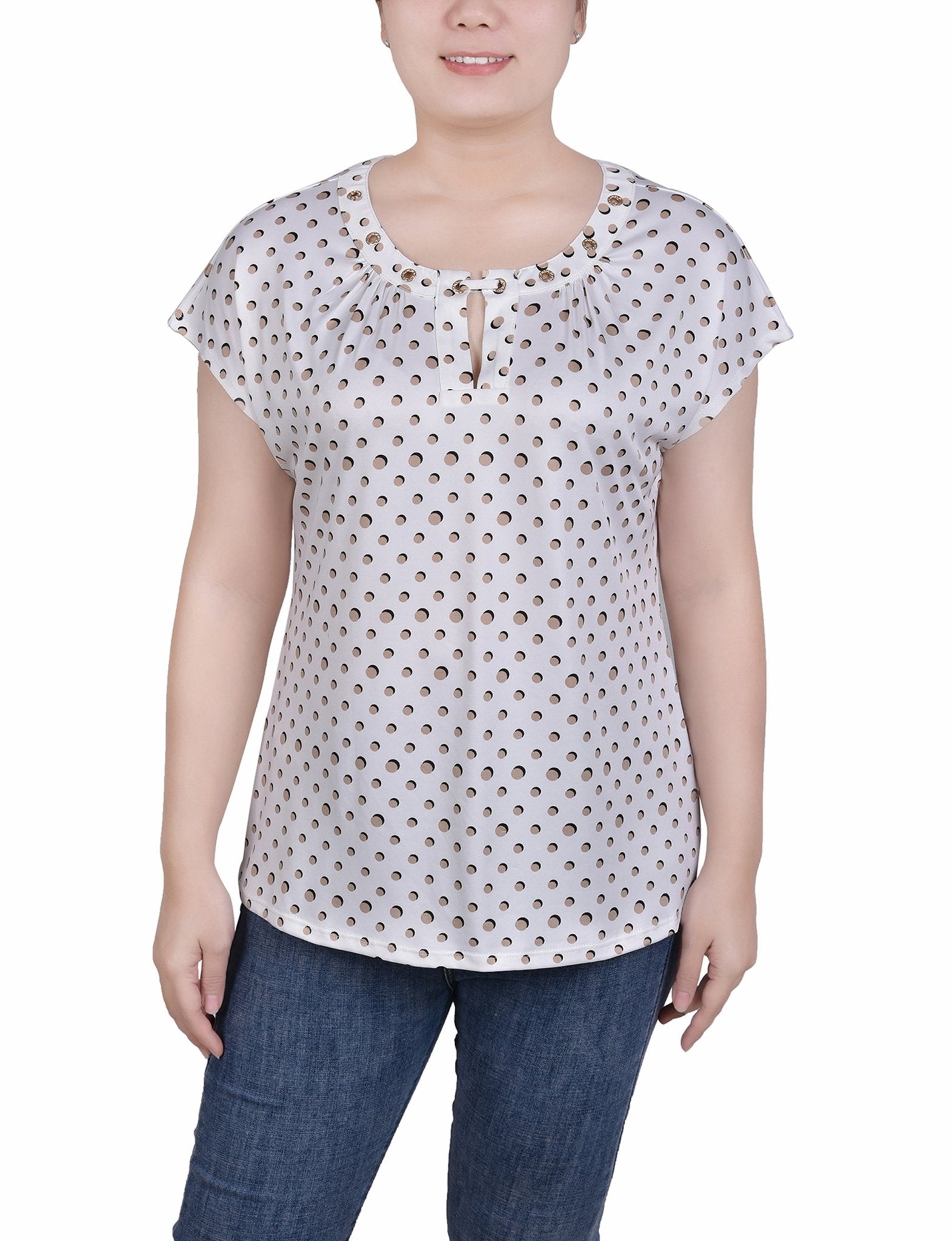 Short Extended-Sleeve Grommet Neck Knit Top - Petite - DressbarnShirts & Blouses