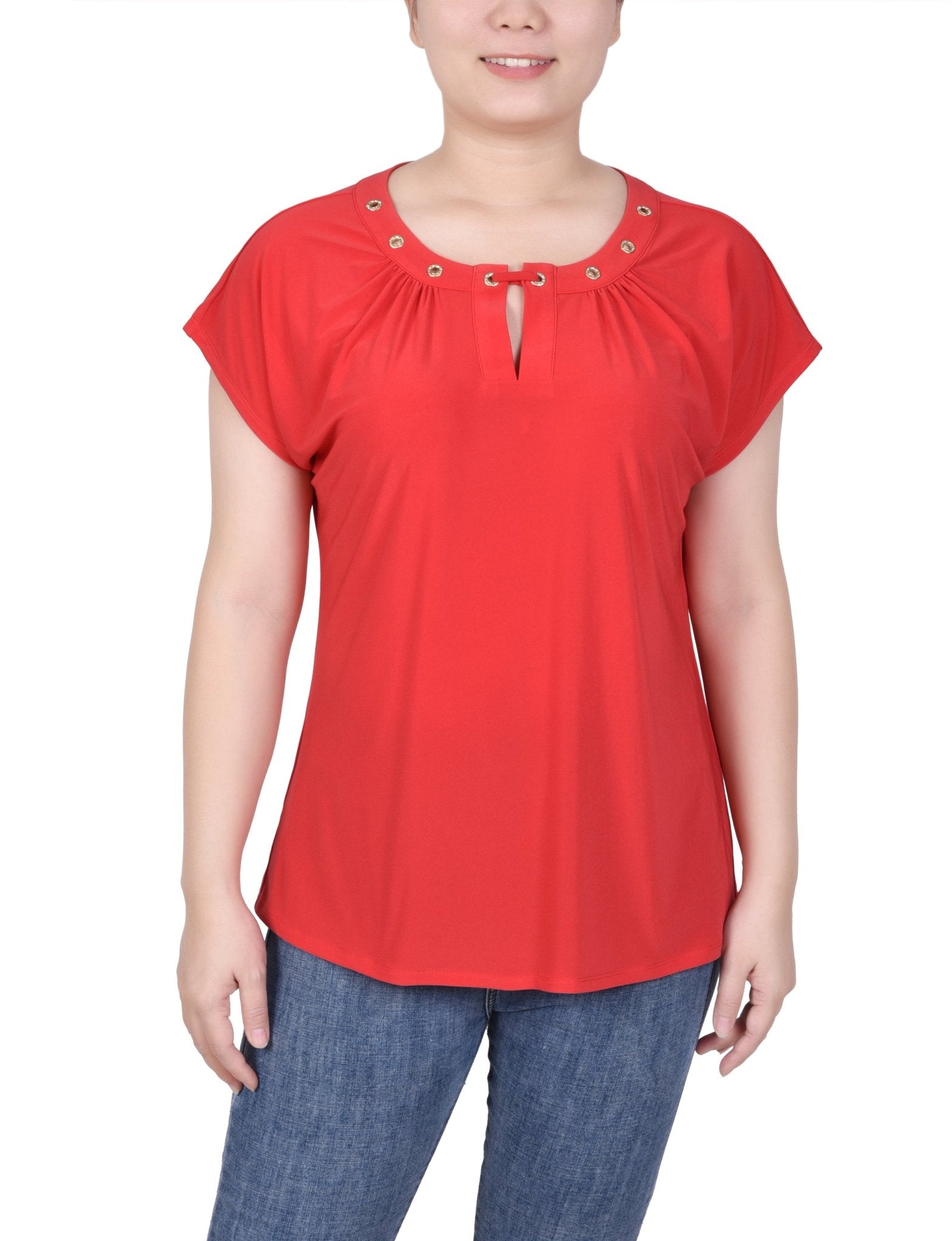 Short Extended-Sleeve Grommet Neck Knit Top - Petite - DressbarnShirts & Blouses