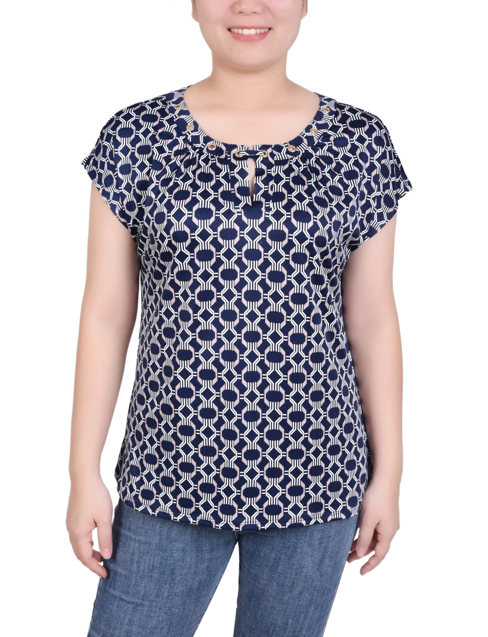 Short Extended-Sleeve Grommet Neck Knit Top - Petite - DressbarnShirts & Blouses