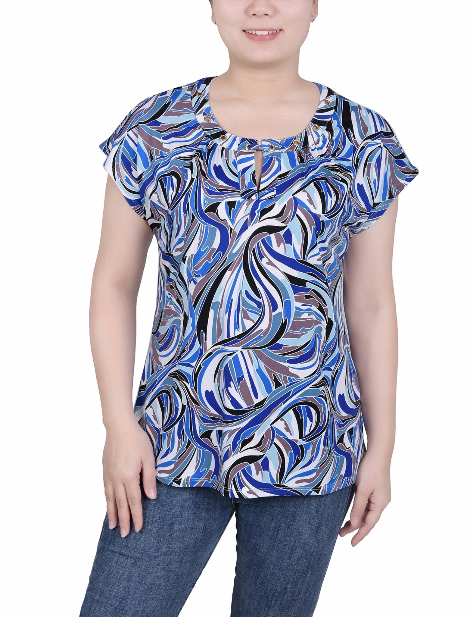 Short Extended-Sleeve Grommet Neck Knit Top - Petite - DressbarnShirts & Blouses