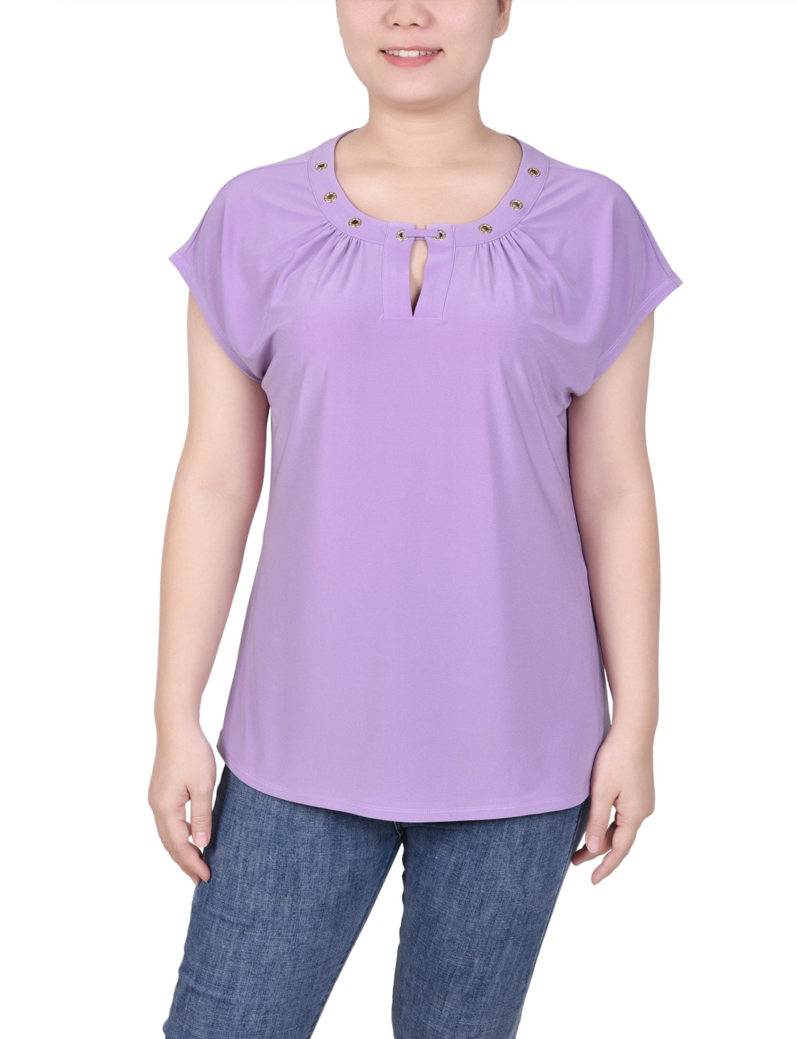 Short Extended-Sleeve Grommet Neck Knit Top - Petite - DressbarnShirts & Blouses