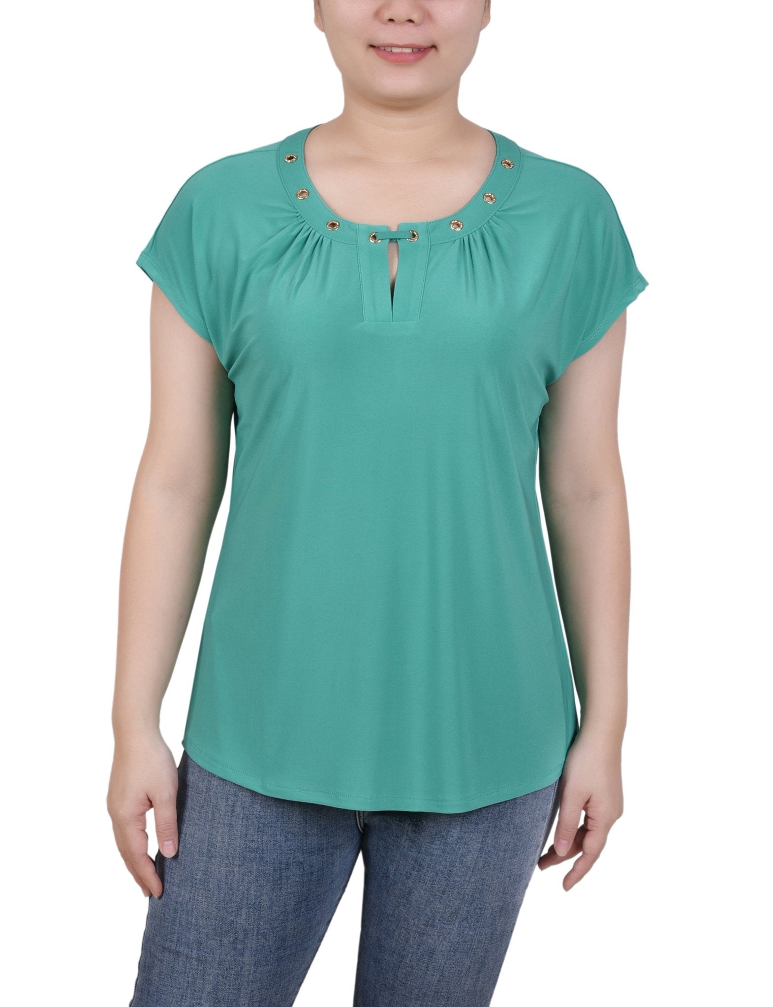 Short Extended-Sleeve Grommet Neck Knit Top - Petite - DressbarnShirts & Blouses
