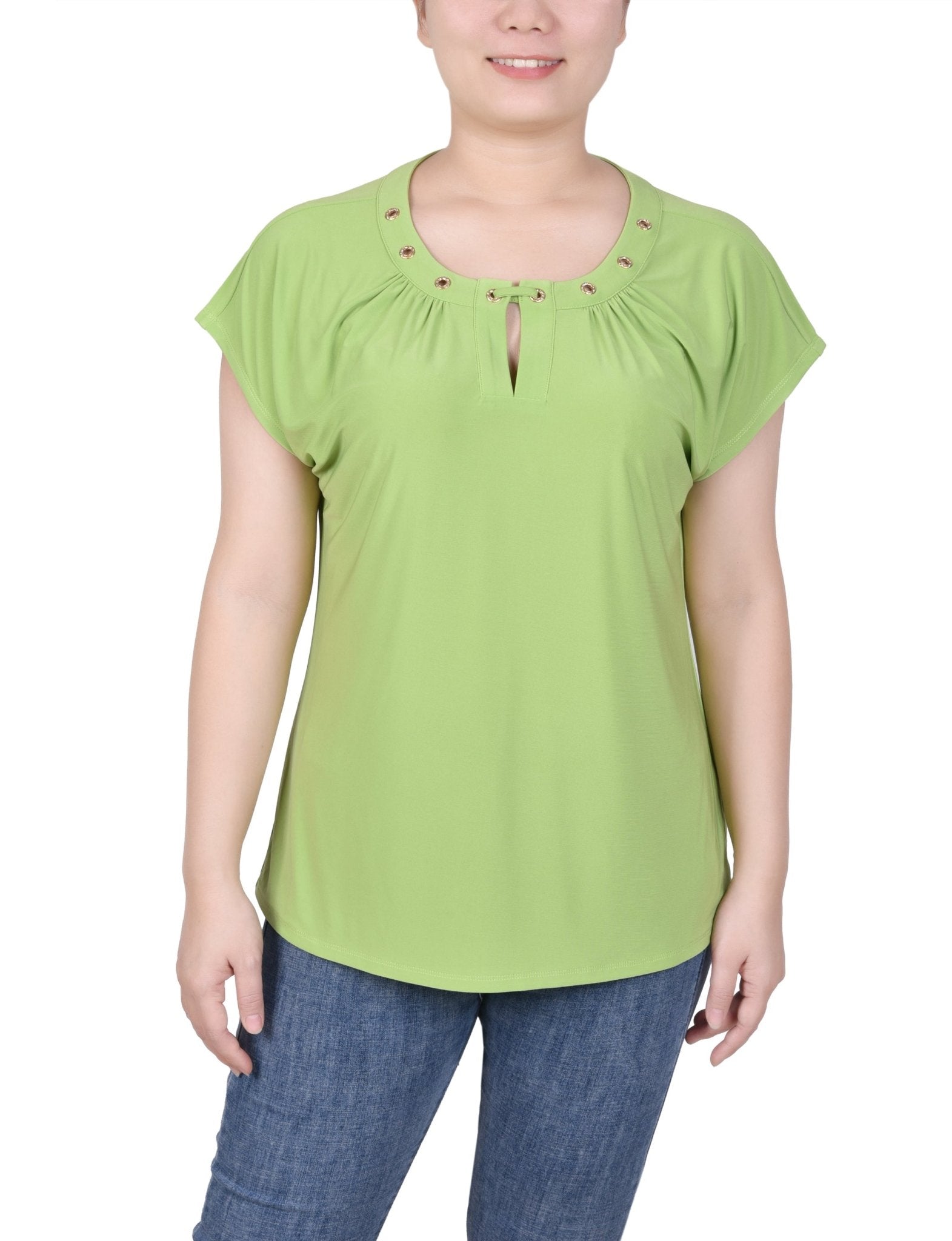 Short Extended-Sleeve Grommet Neck Knit Top - Petite - DressbarnShirts & Blouses