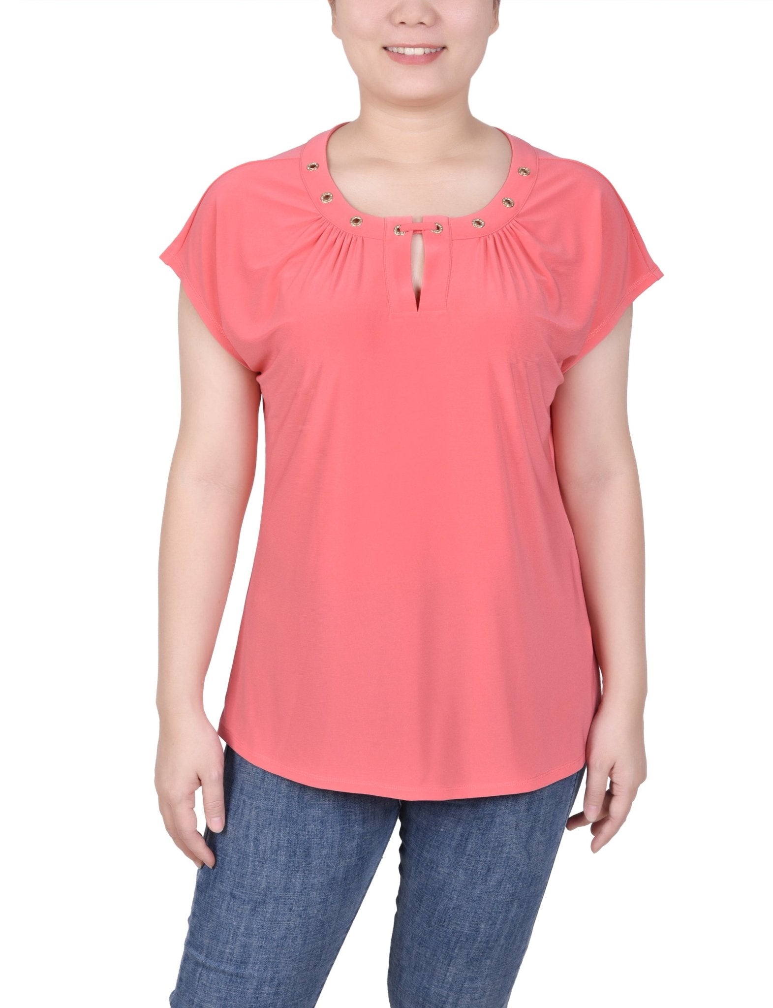 Short Extended-Sleeve Grommet Neck Knit Top - Petite - DressbarnShirts & Blouses