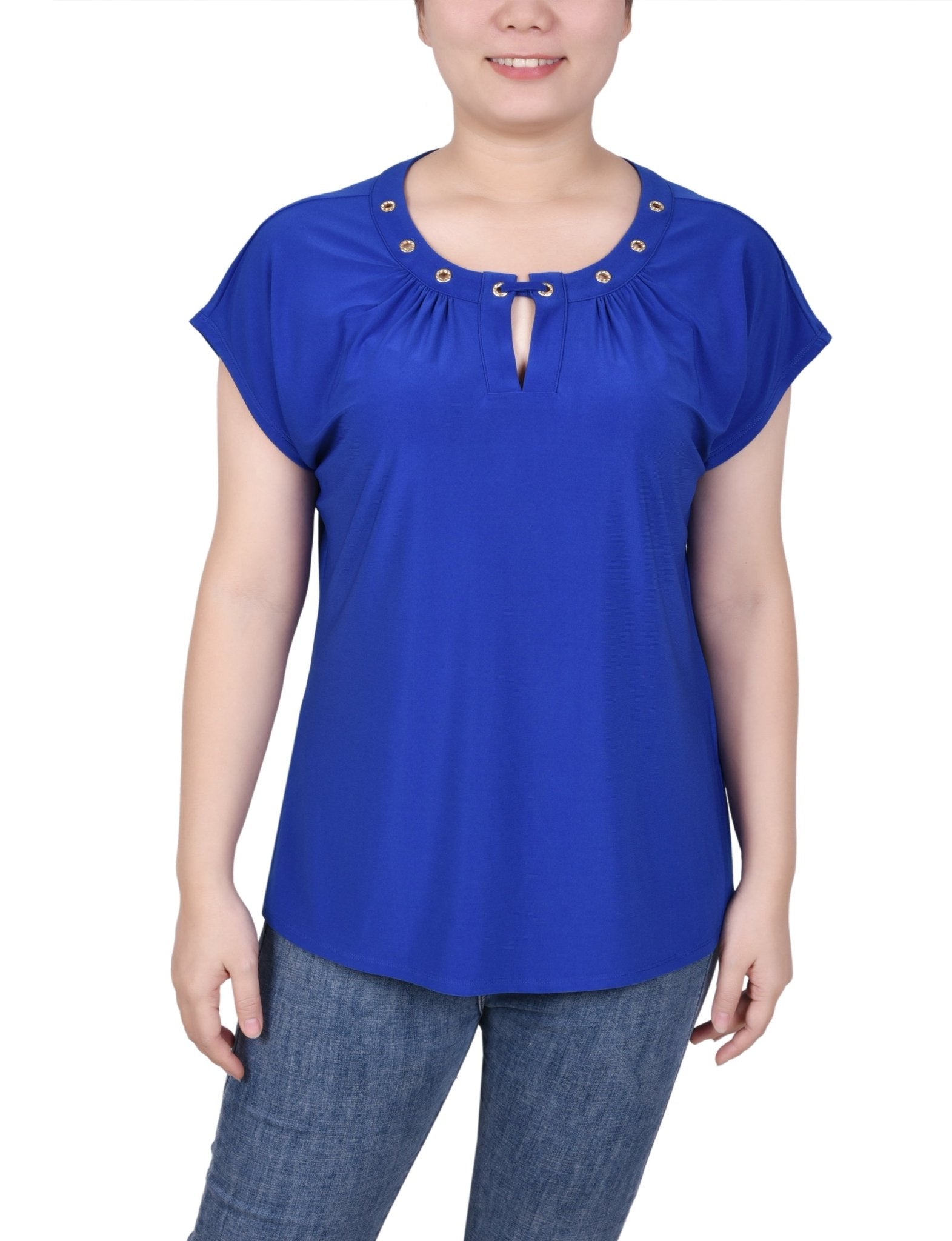 Short Extended-Sleeve Grommet Neck Knit Top - Petite - DressbarnShirts & Blouses