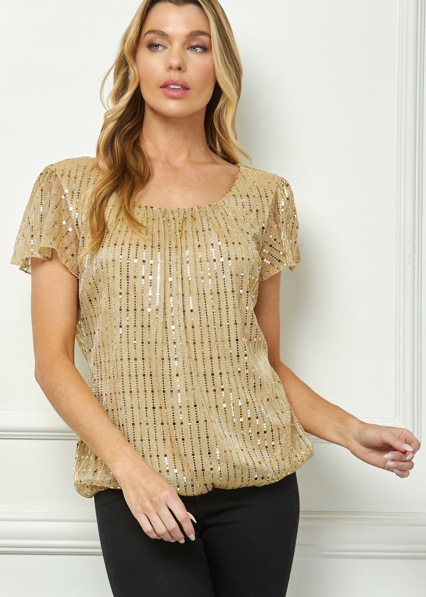 Short Flutter Sleeve Bubble Blouse - DressbarnBlouses