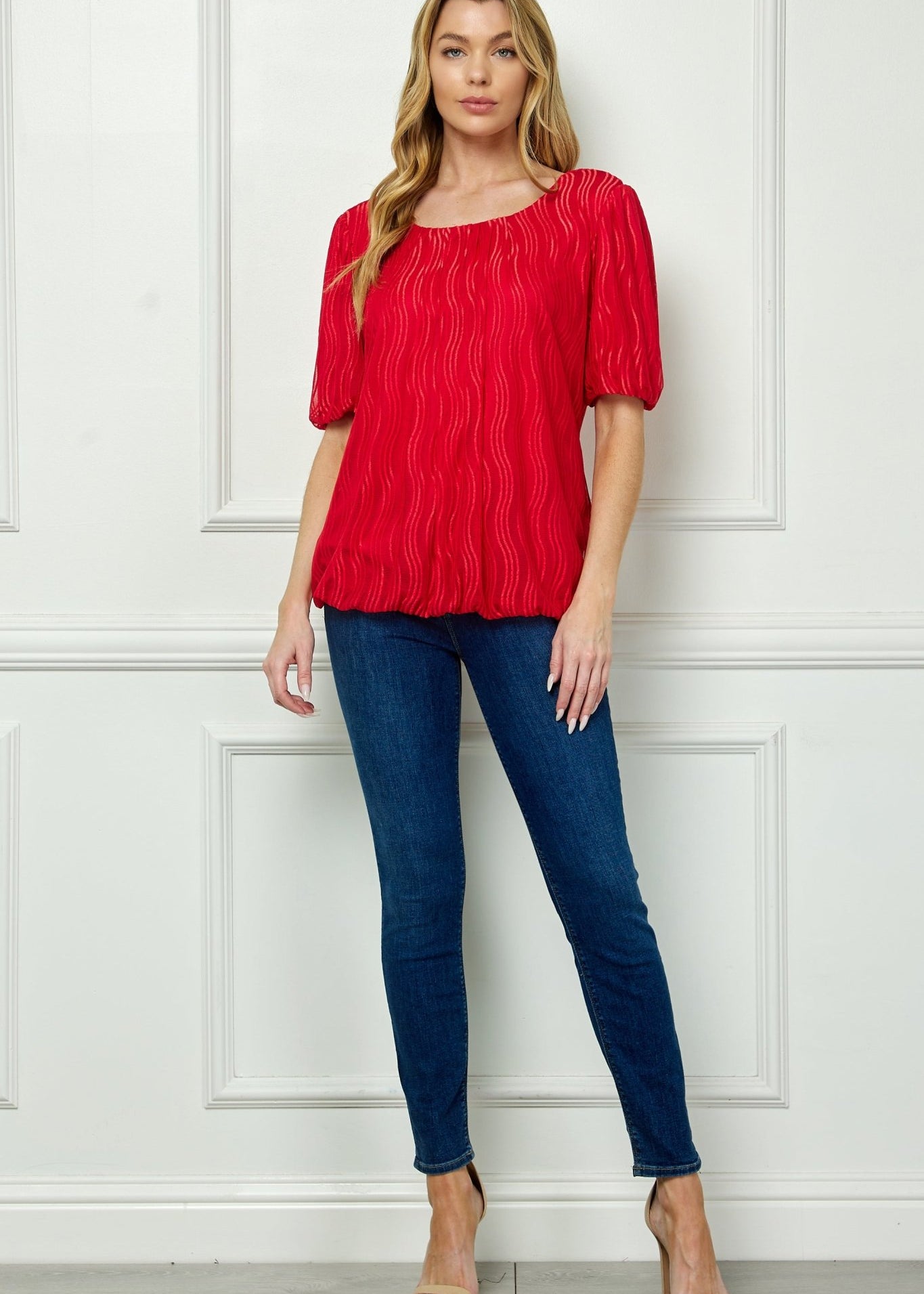 Short Puff Sleeve Scoop Neck Bubble Blouse - DressbarnBlouses