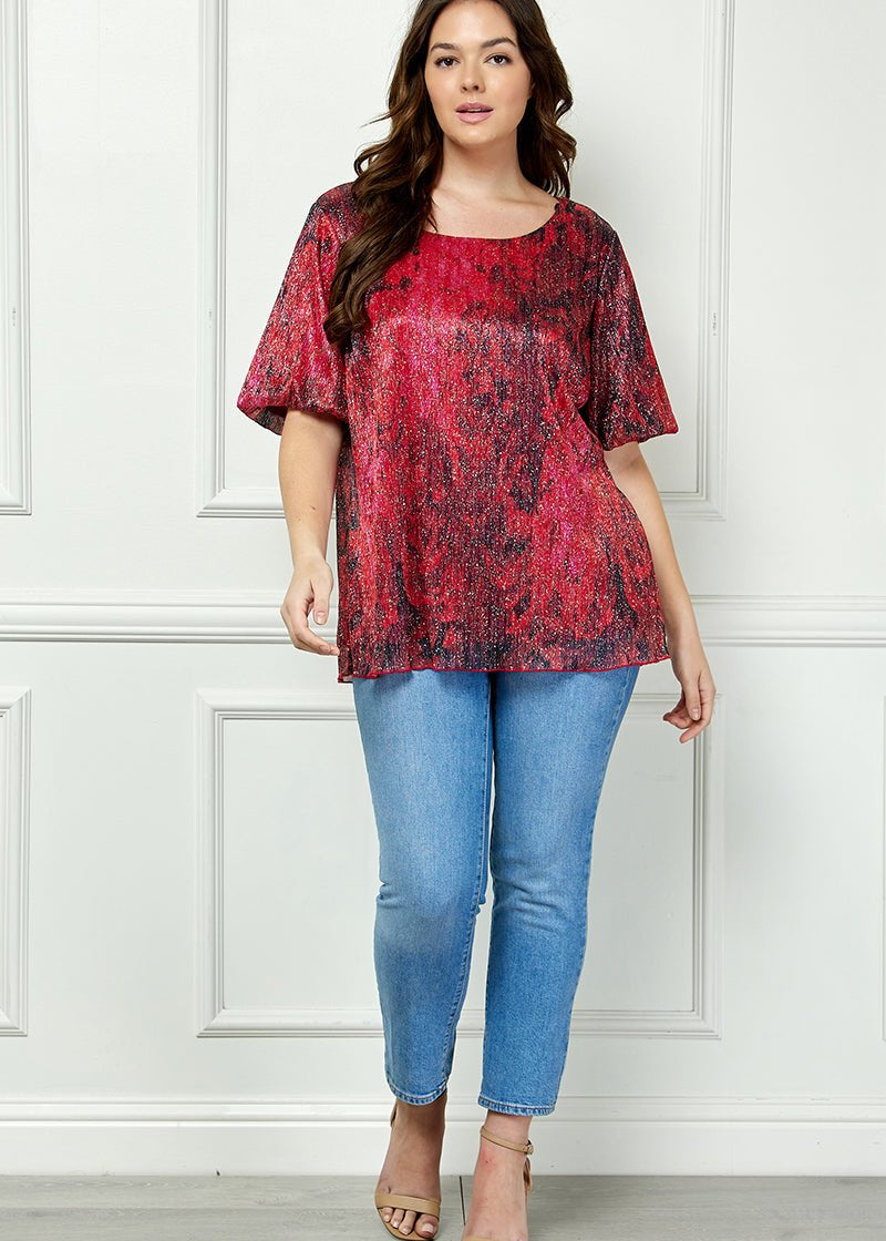 Short Puff Sleeve Scoop Neck Bubble Blouse - Blk/Burgundy/Red - Plus - DressbarnShirts & Blouses