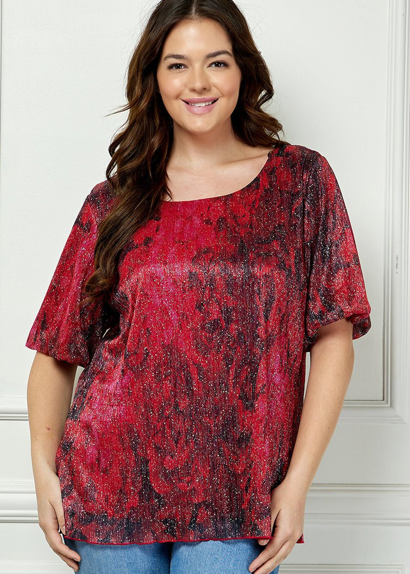 Short Puff Sleeve Scoop Neck Bubble Blouse - Blk/Burgundy/Red - Plus - DressbarnShirts & Blouses