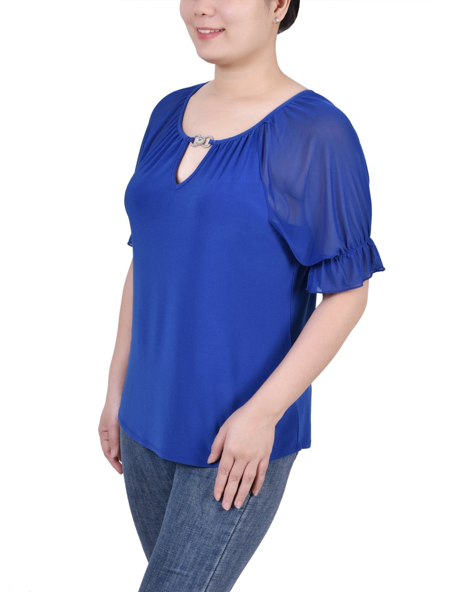 Short Ruffle Sleeve Top With Rhinestones - Petite - DressbarnShirts & Blouses