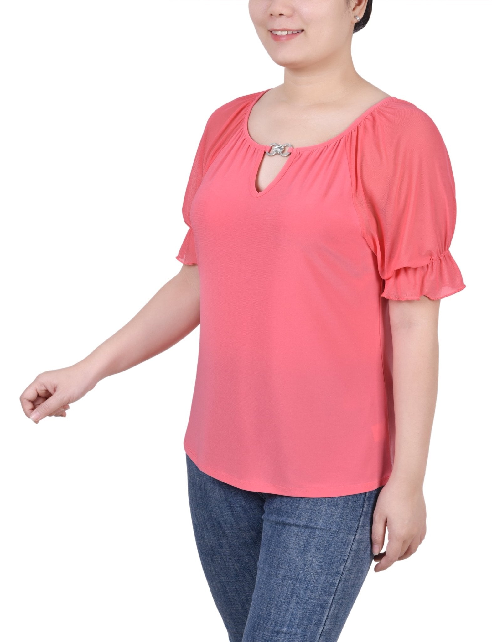 Short Ruffle Sleeve Top With Rhinestones - Petite - DressbarnShirts & Blouses