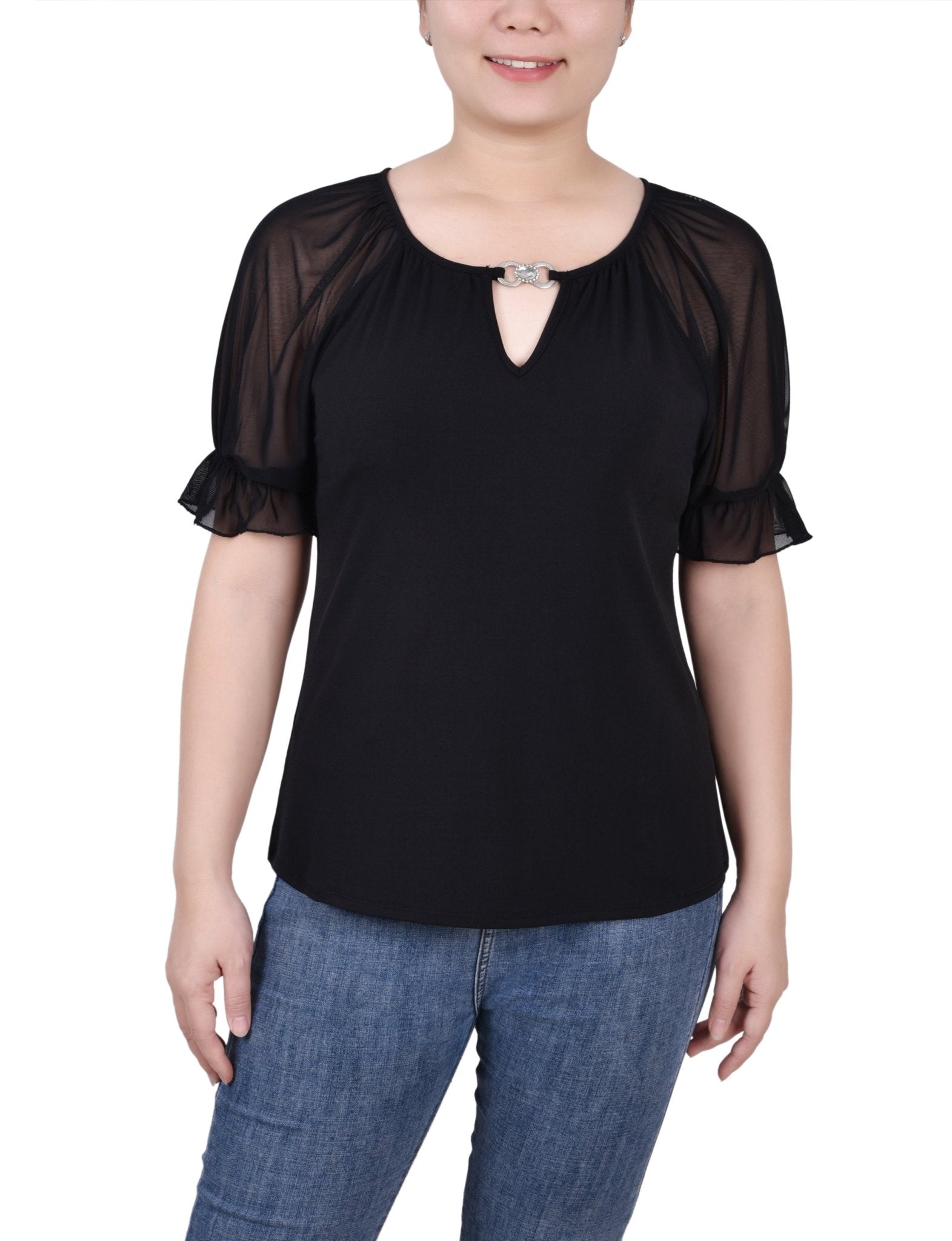 Short Ruffle Sleeve Top With Rhinestones - Petite - DressbarnShirts & Blouses