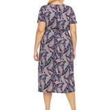 Short Sleeve Allover Printed V-Neck Midi Dress With Self Tie Belt - Plus - DressbarnDresses