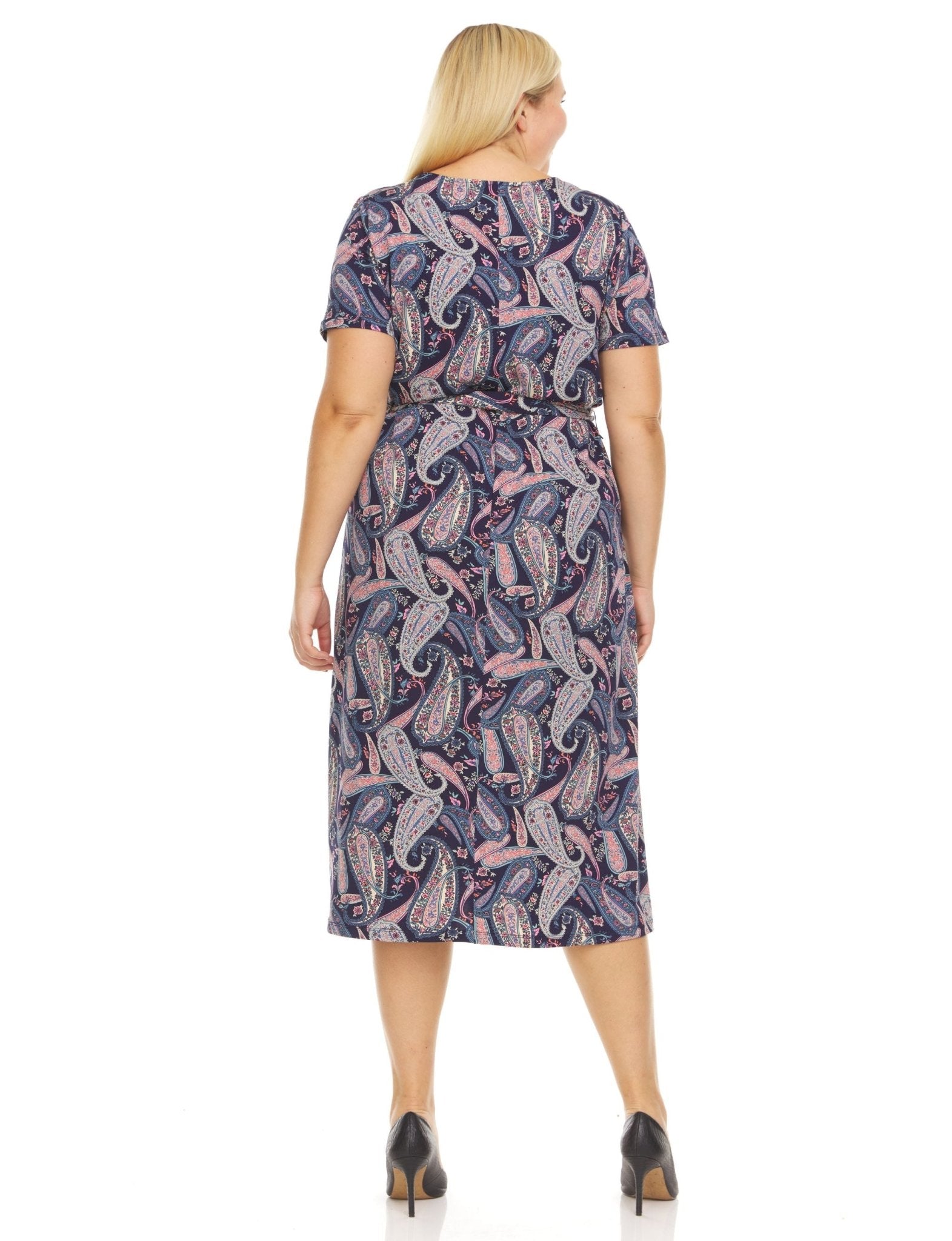 Short Sleeve Allover Printed V-Neck Midi Dress With Self Tie Belt - Plus - DressbarnDresses