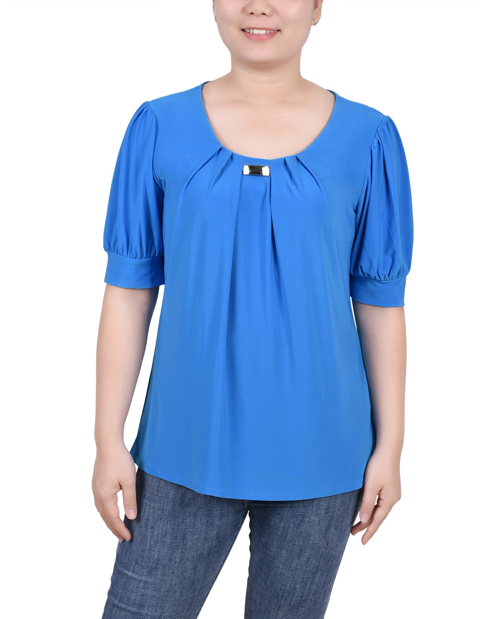 Short Sleeve Balloon Sleeve Top With Hardware - Petite - DressbarnShirts & Blouses