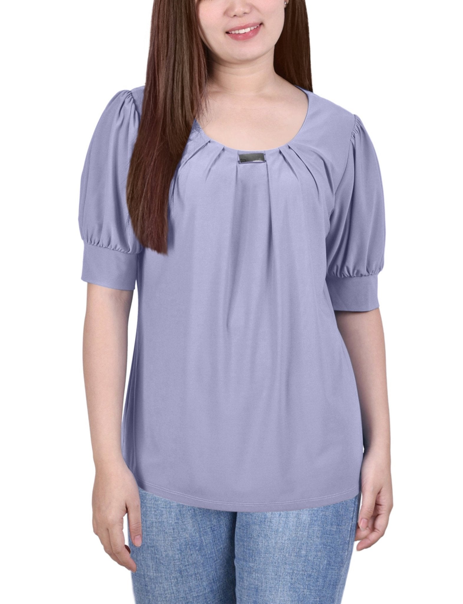 Short Sleeve Balloon Sleeve Top With Hardware - Petite - DressbarnShirts & Blouses