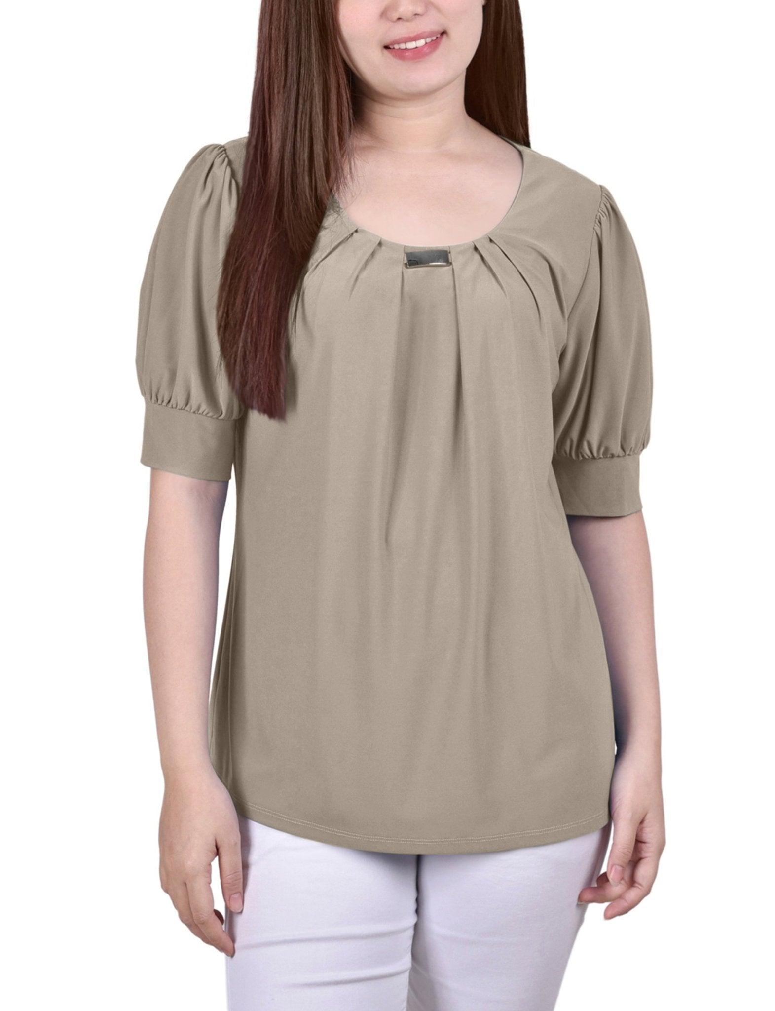 Short Sleeve Balloon Sleeve Top With Hardware - Petite - DressbarnShirts & Blouses
