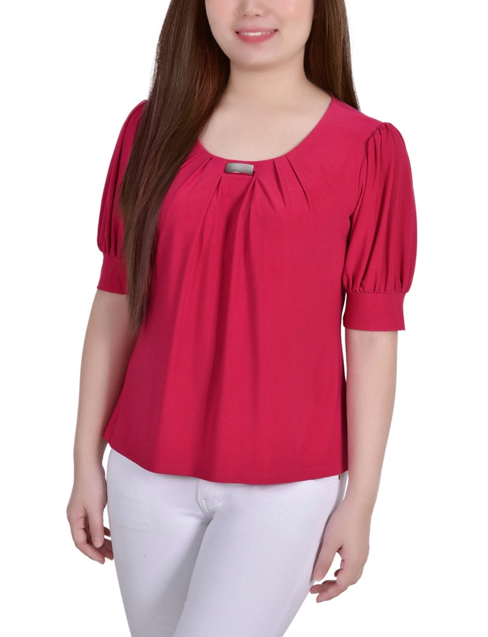 Short Sleeve Balloon Sleeve Top With Hardware - Petite - DressbarnShirts & Blouses