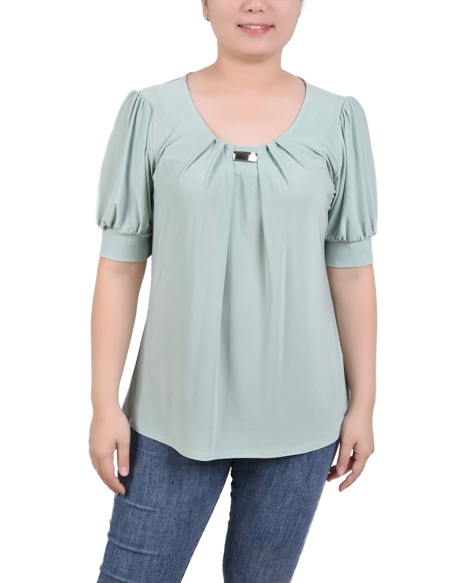 Short Sleeve Balloon Sleeve Top With Hardware - Petite - DressbarnShirts & Blouses