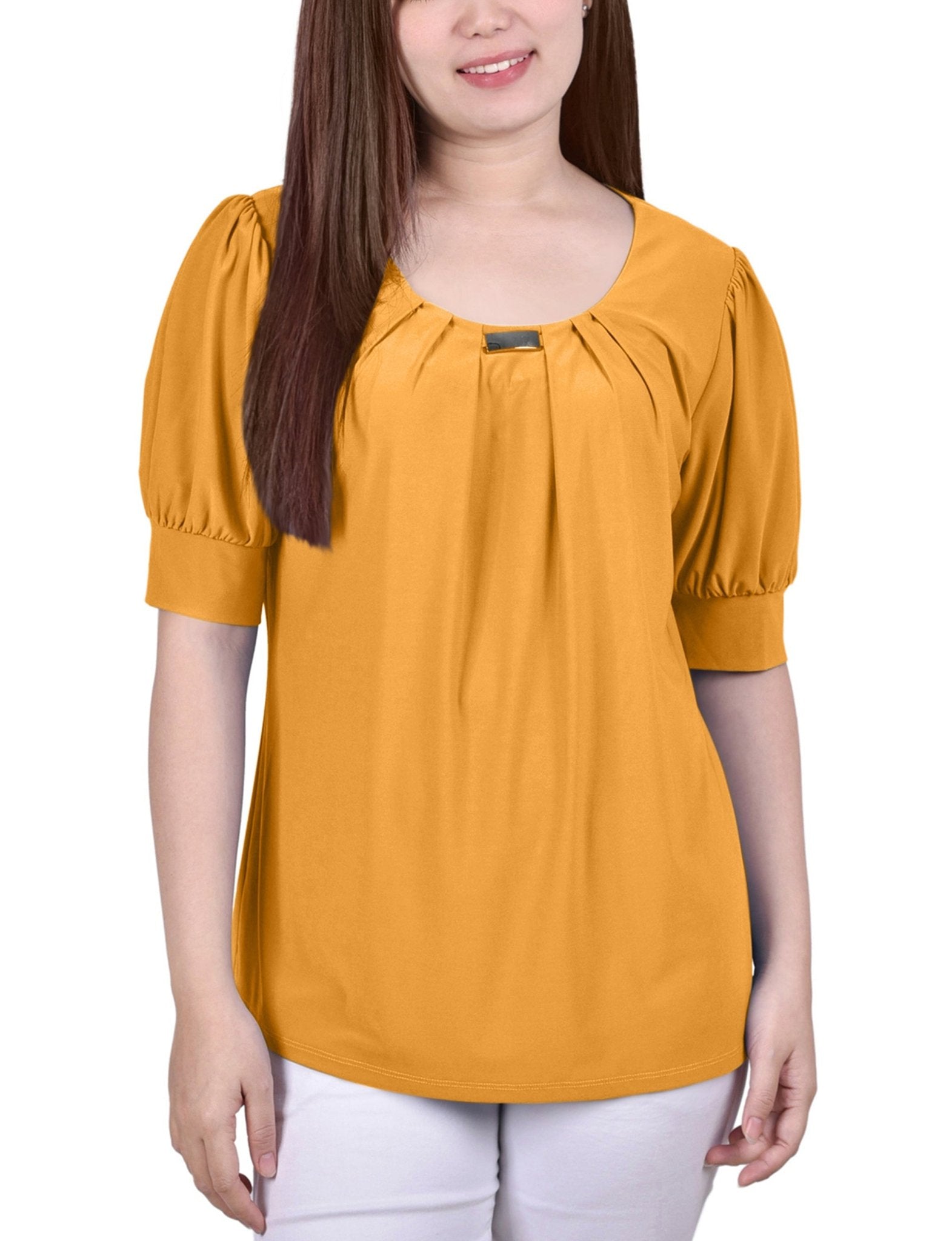 Short Sleeve Balloon Sleeve Top With Hardware - Petite - DressbarnShirts & Blouses