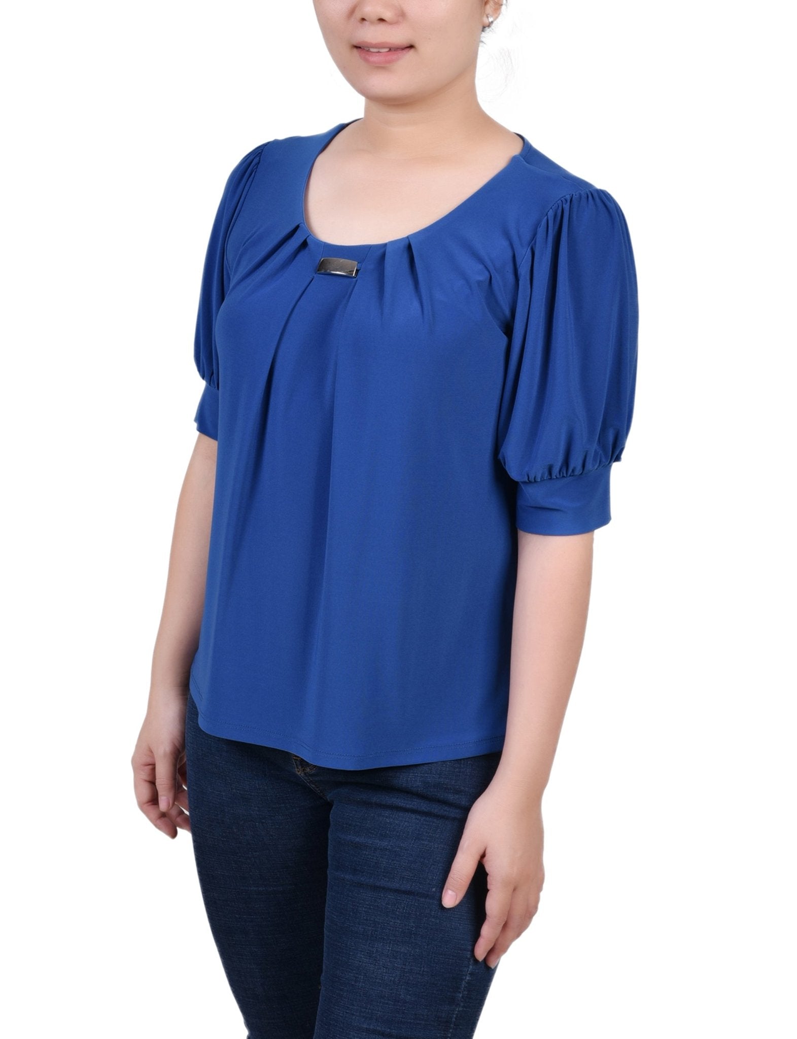 Short Sleeve Balloon Sleeve Top With Hardware - Petite - DressbarnShirts & Blouses