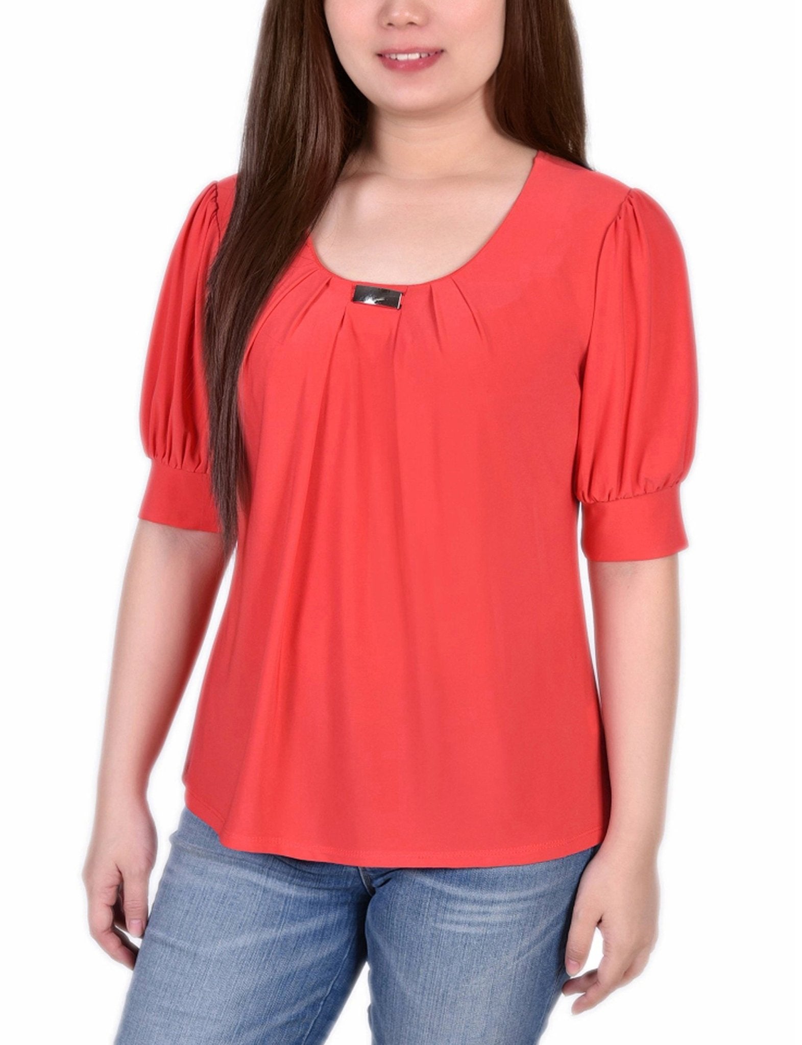 Short Sleeve Balloon Sleeve Top With Hardware - Petite - DressbarnShirts & Blouses