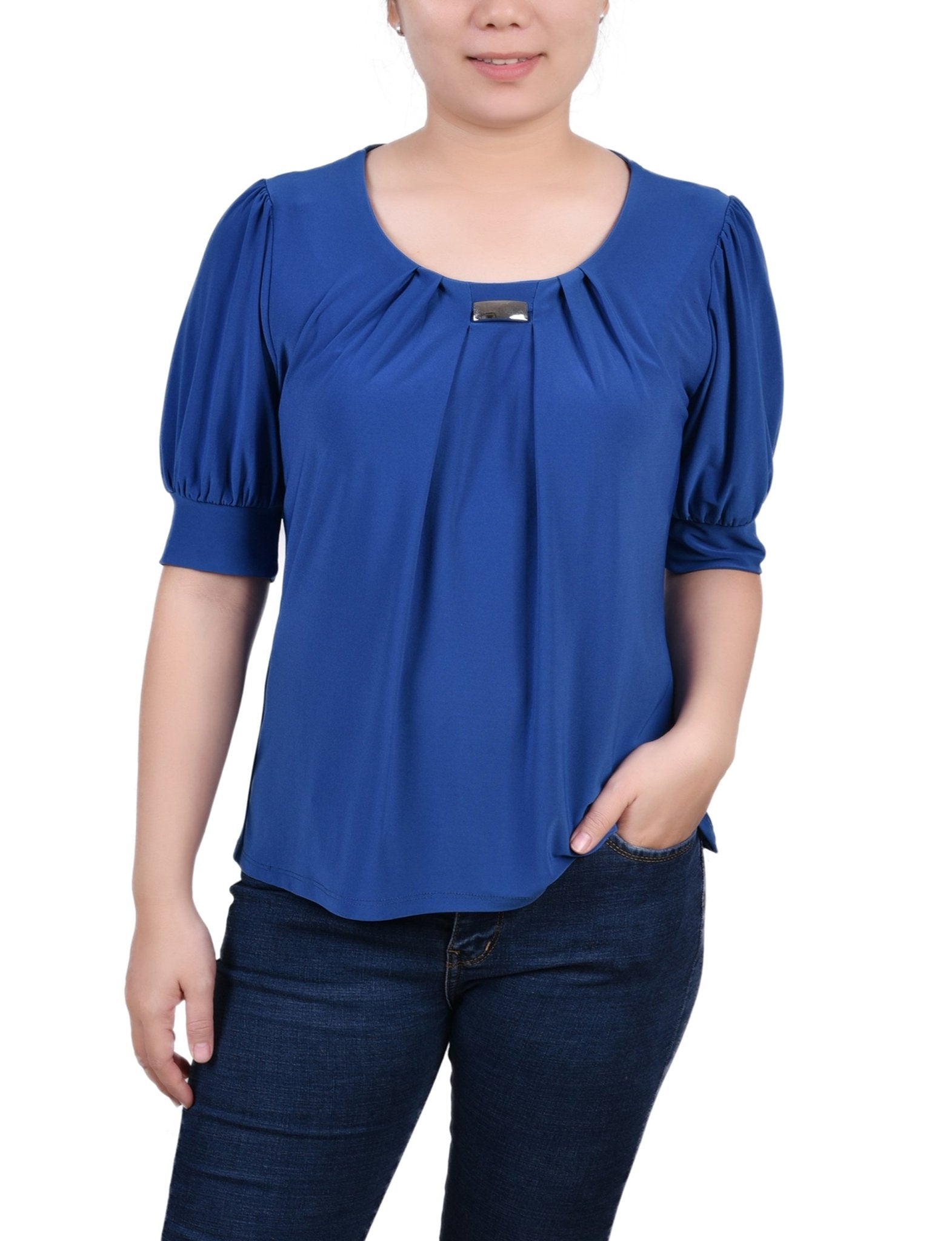 Short Sleeve Balloon Sleeve Top With Hardware - Petite - DressbarnShirts & Blouses