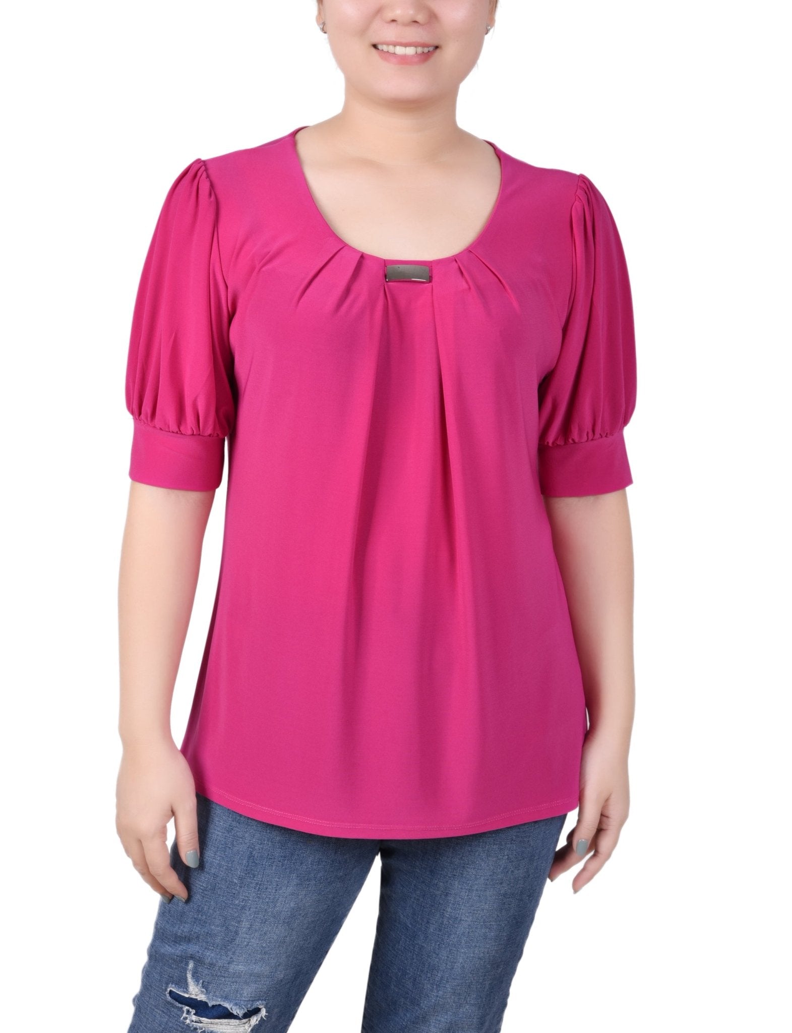 Short Sleeve Balloon Sleeve Top With Hardware - Petite - DressbarnShirts & Blouses