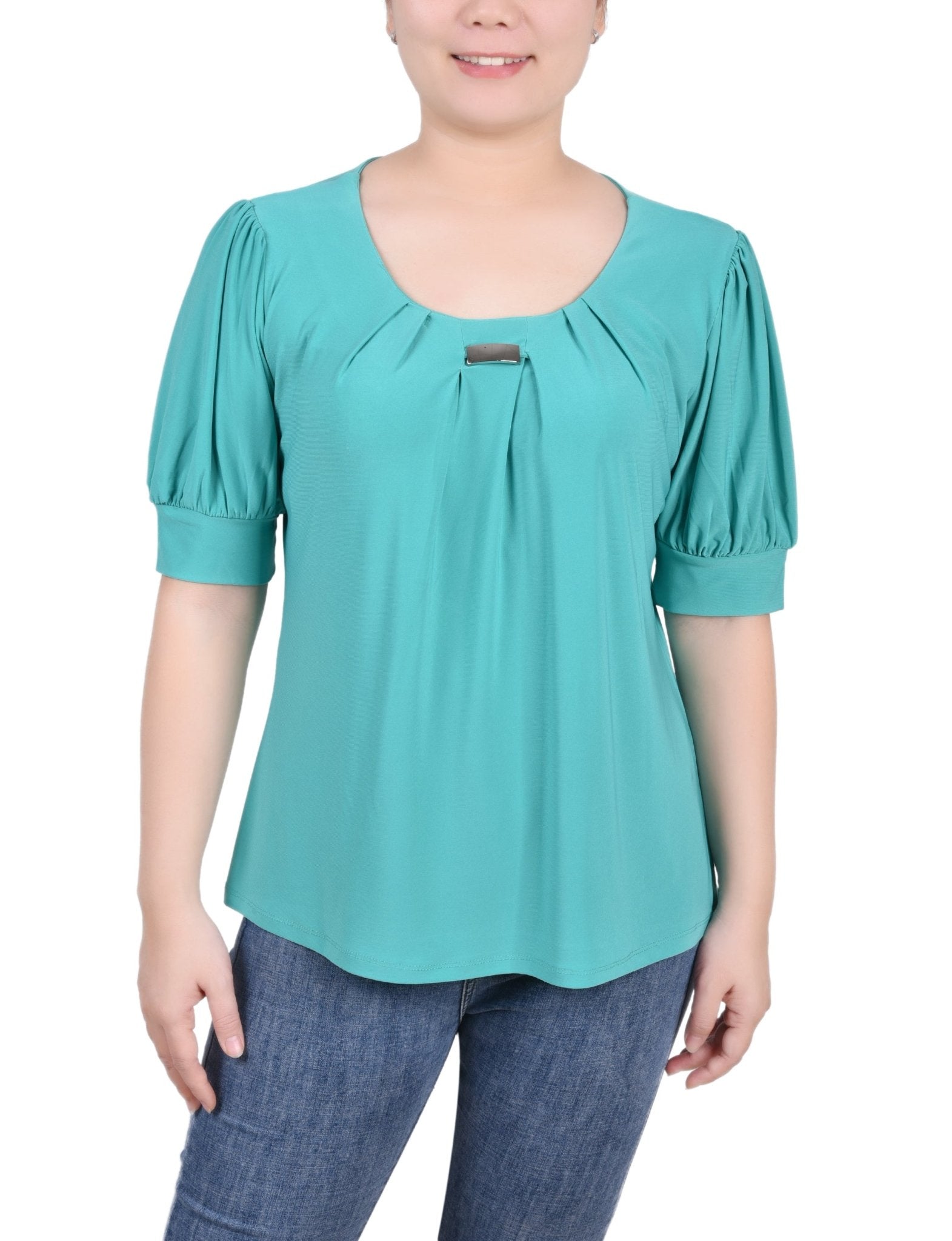 Short Sleeve Balloon Sleeve Top With Hardware - Petite - DressbarnShirts & Blouses
