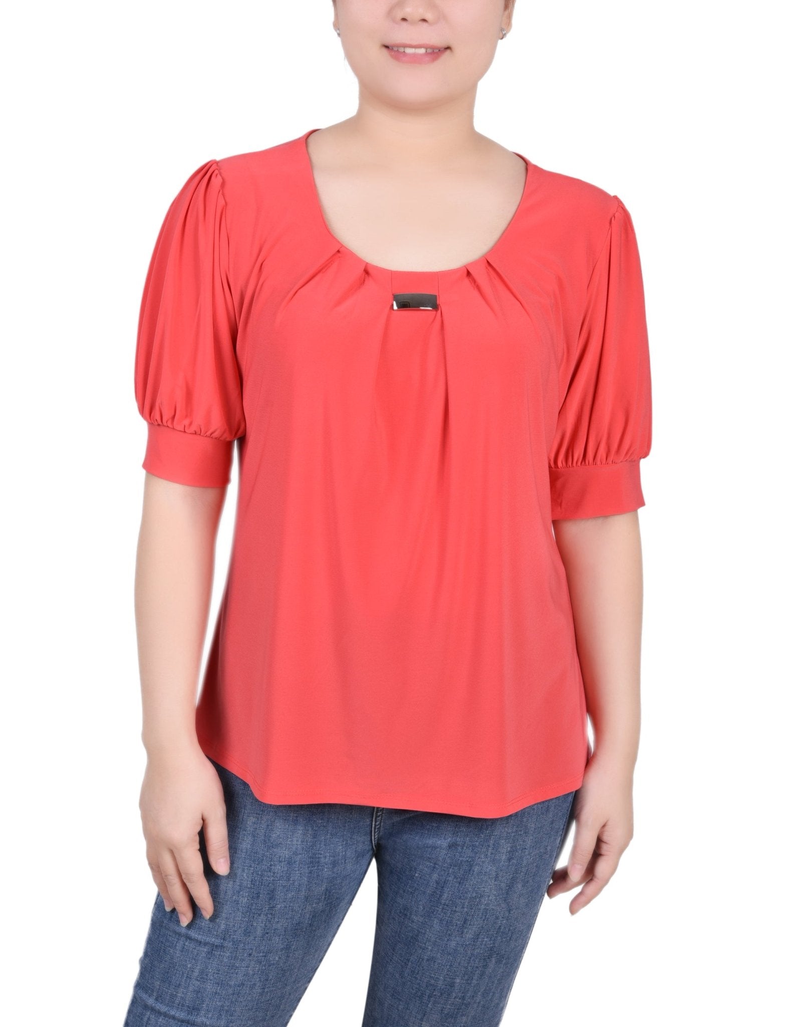 Short Sleeve Balloon Sleeve Top With Hardware - Petite - DressbarnShirts & Blouses