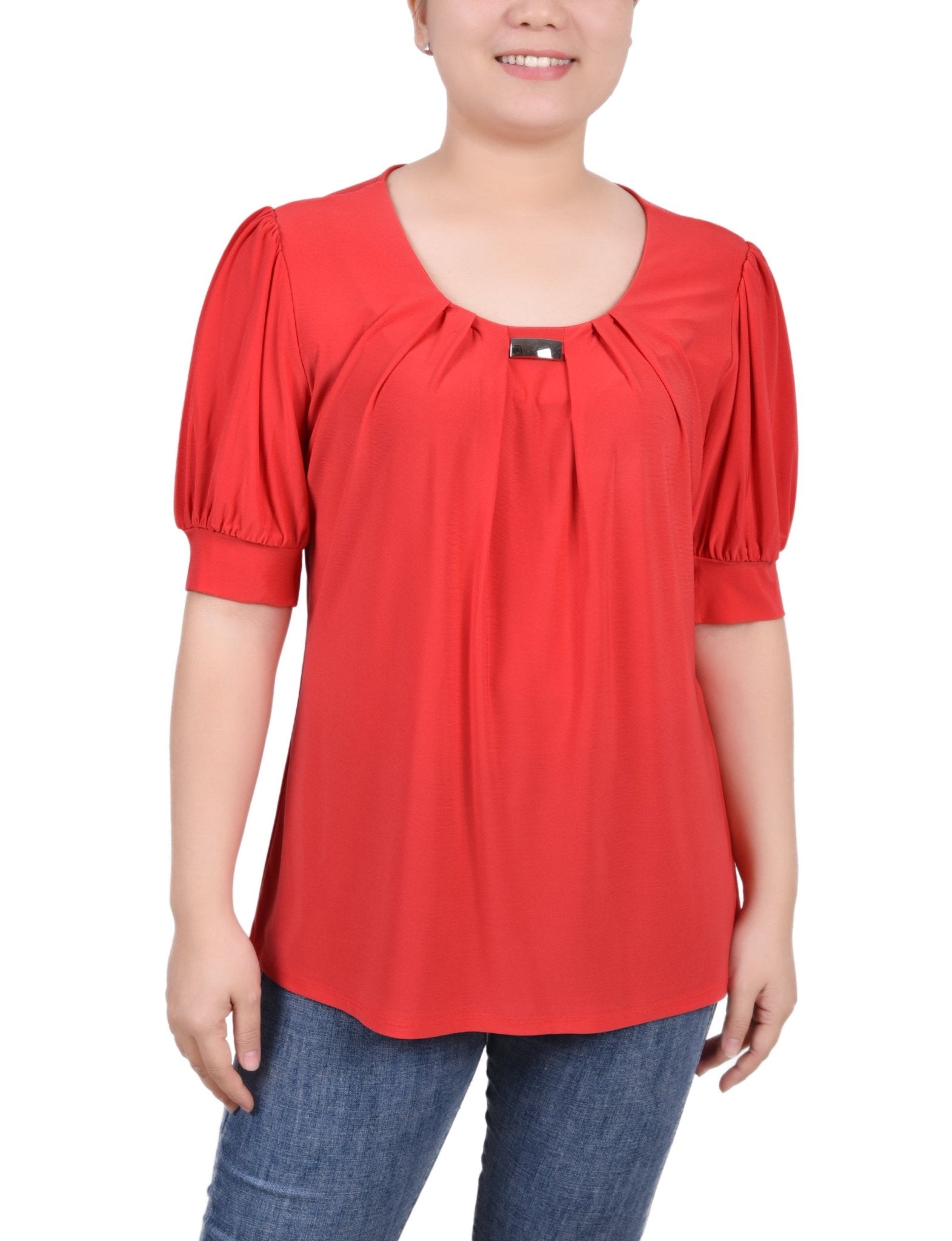 Short Sleeve Balloon Sleeve Top With Hardware - Petite - DressbarnShirts & Blouses