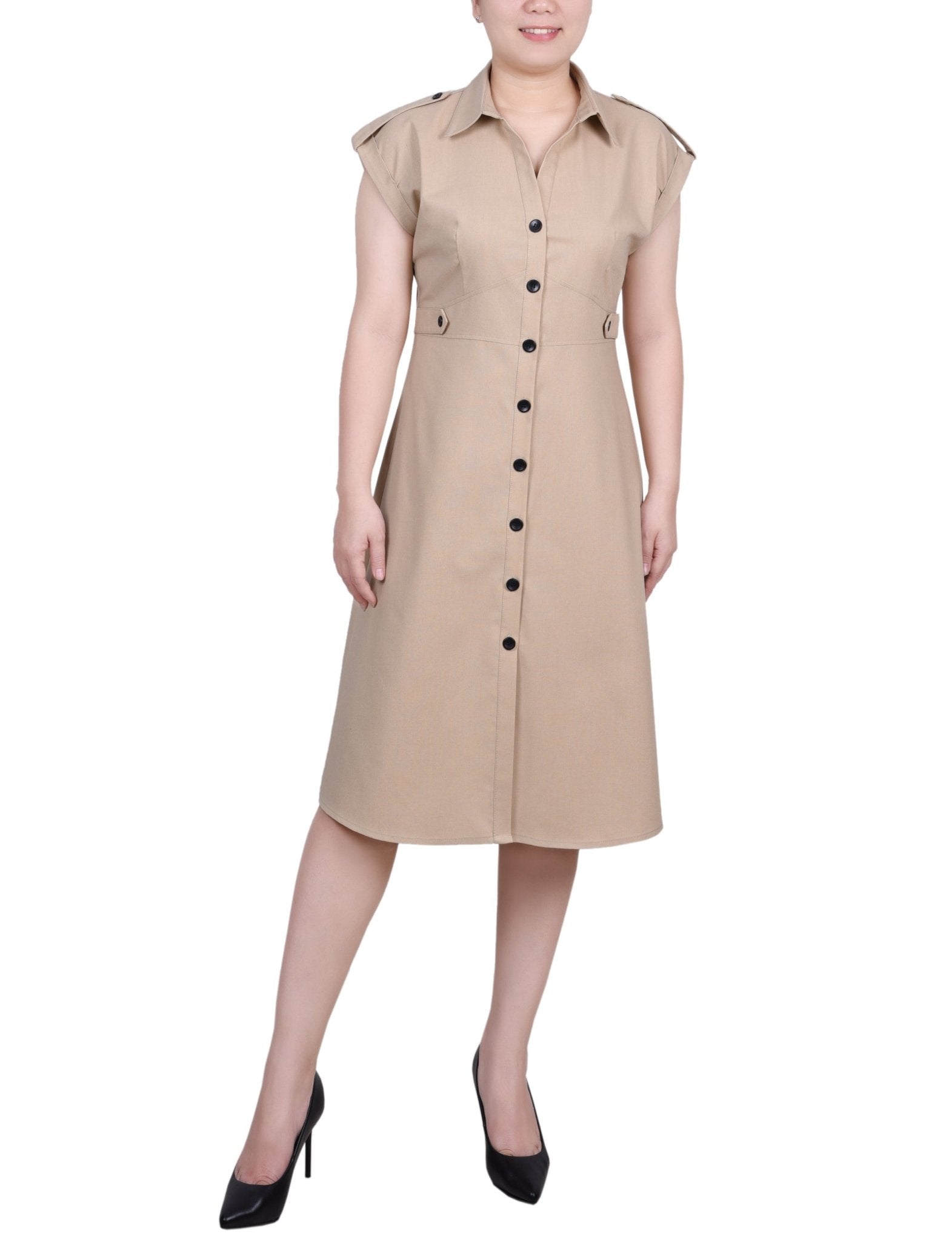 Short Sleeve Button Front Linen Dress - Petite - DressbarnKnee Length & Midi Dresses