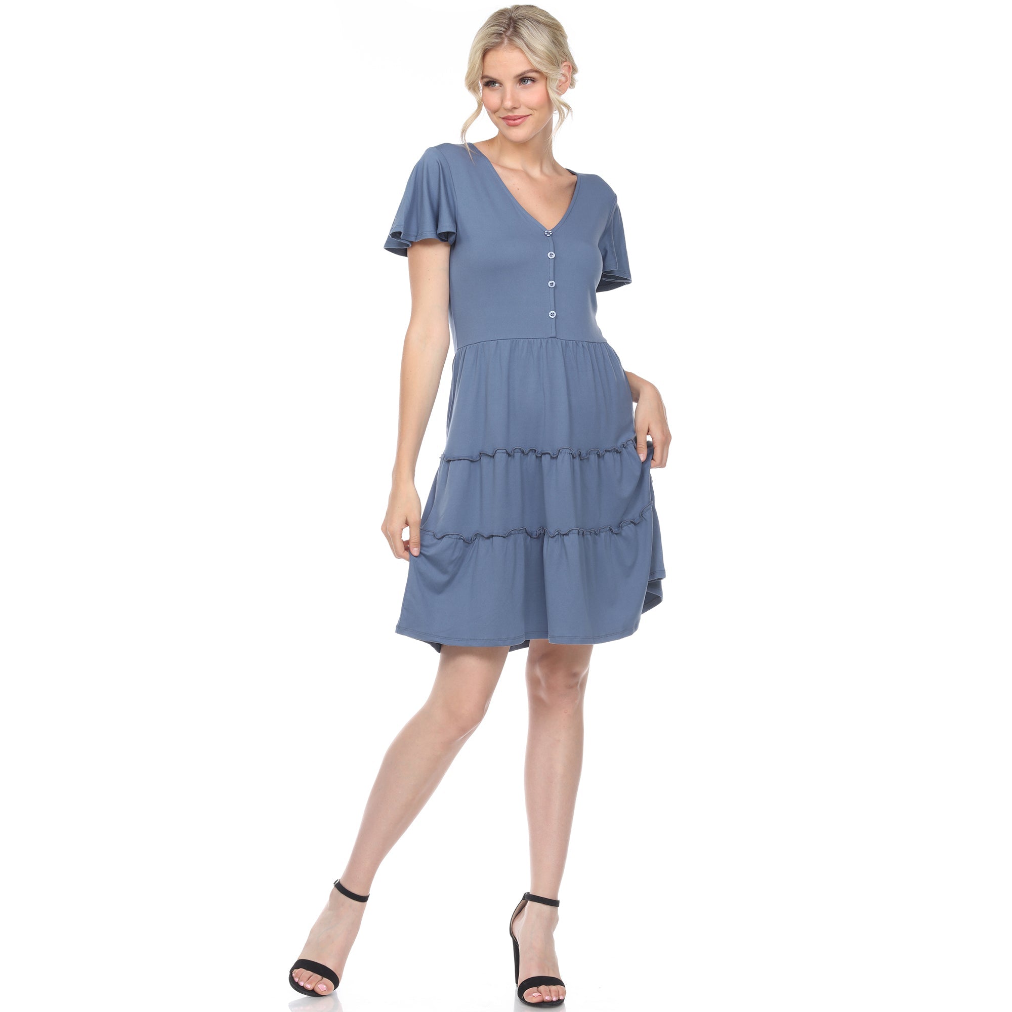 White Mark Women's Short Sleeve V-neck Tiered Dress, Navy Blue, Medium White Mark Women's Short Sleeve V-neck Tiered Dress, Navy Blue, Medium
