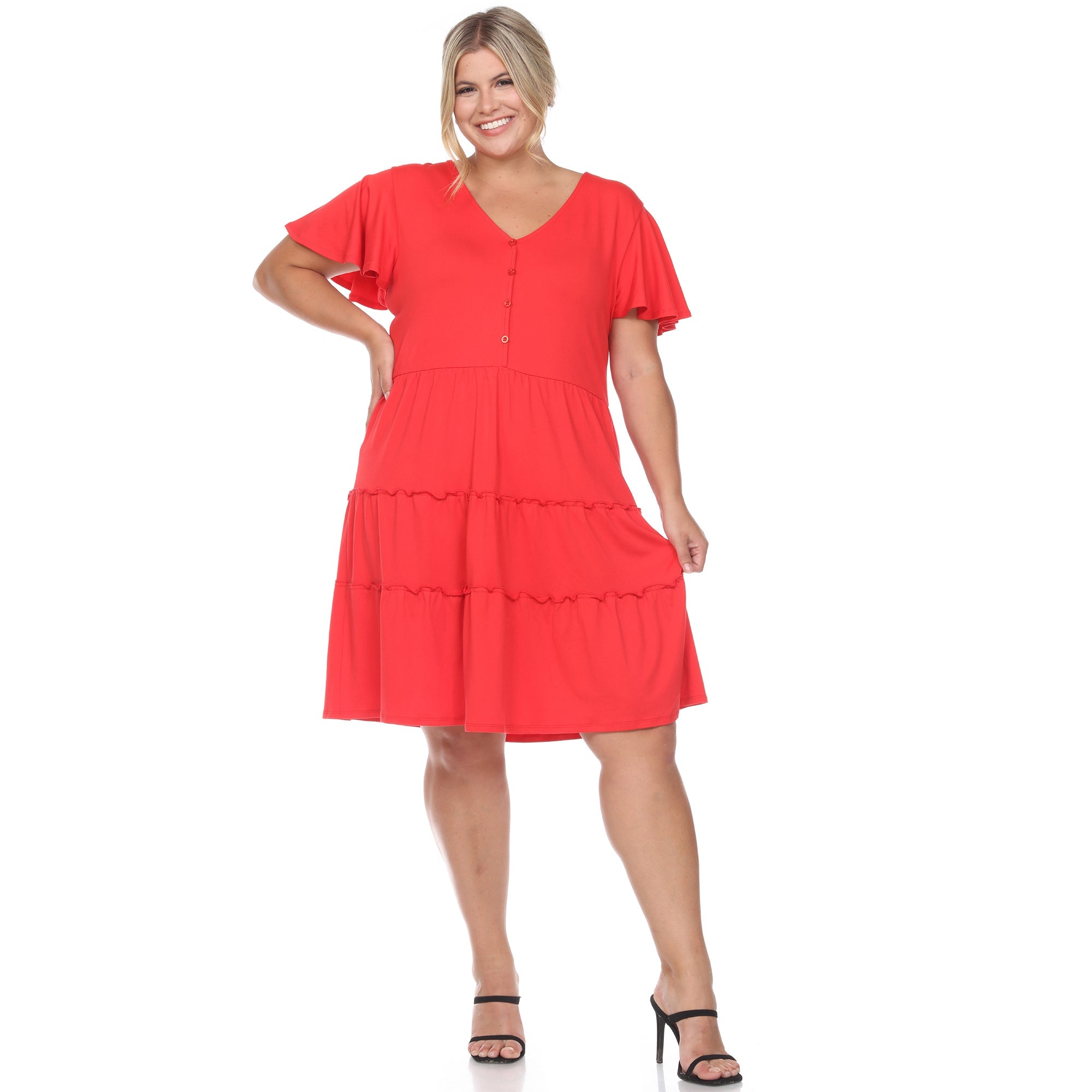 Short Sleeve V-neck Tiered Midi Dress - Plus - DressbarnDresses