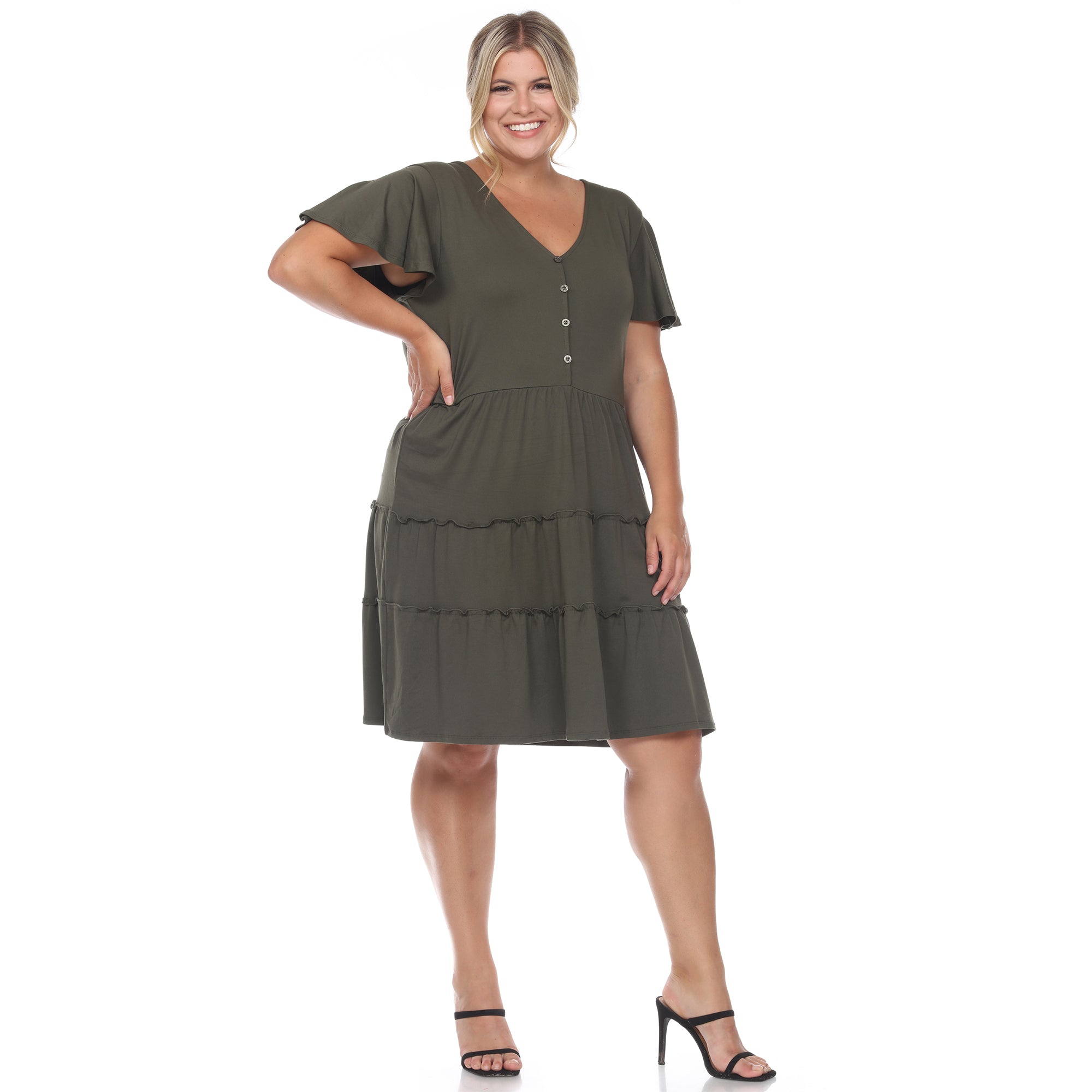 Short Sleeve V-neck Tiered Midi Dress - Plus - DressbarnDresses